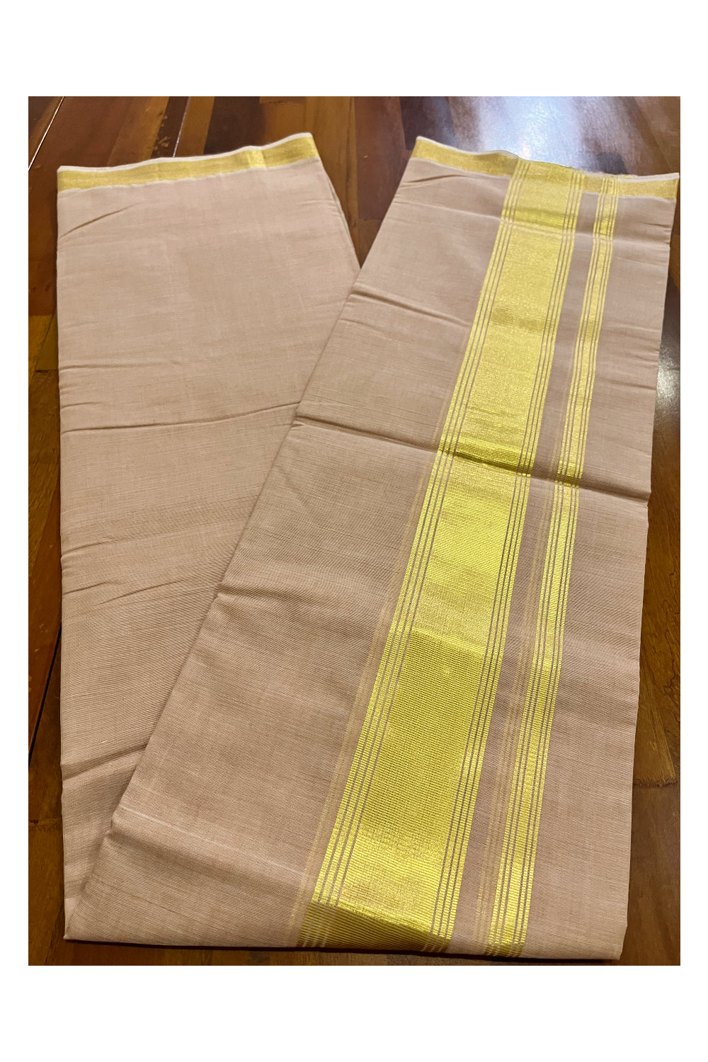 Southloom Super Premium Balaramapuram Unakkupaavu Handloom Kasavu Mundu in Peach Colour (South Indian Kerala Dhoti)