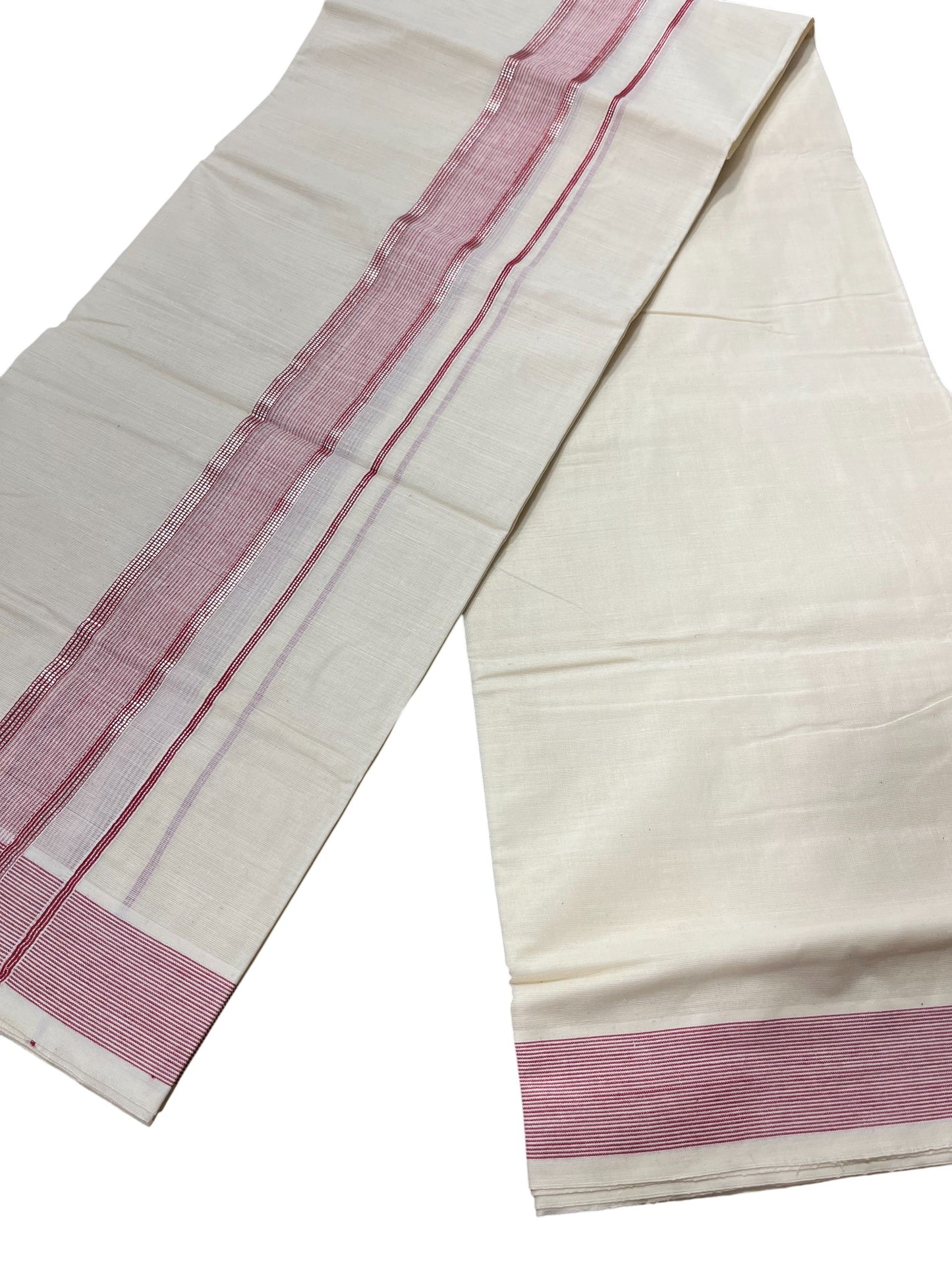 Southloom Kerala Pure Cotton Double Mundu with Silver Lines & Maroon Border (South Indian Dhoti)