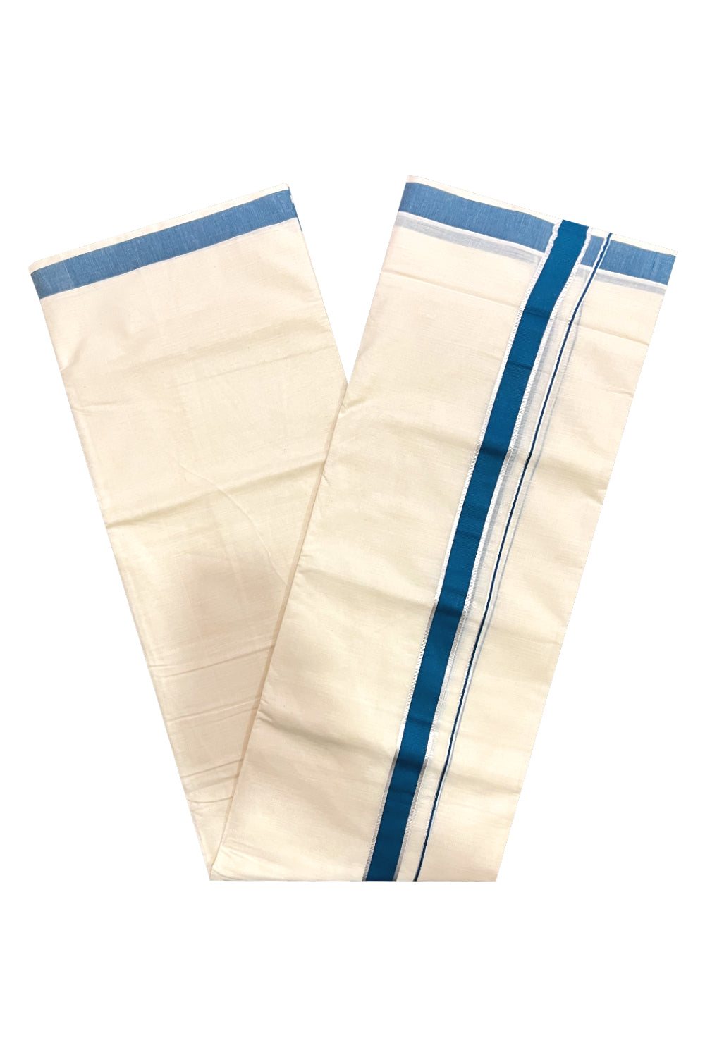 Pure Cotton Double Mundu with Silver Kasavu and Teal Blue Kara (South Indian Kerala Dhoti)