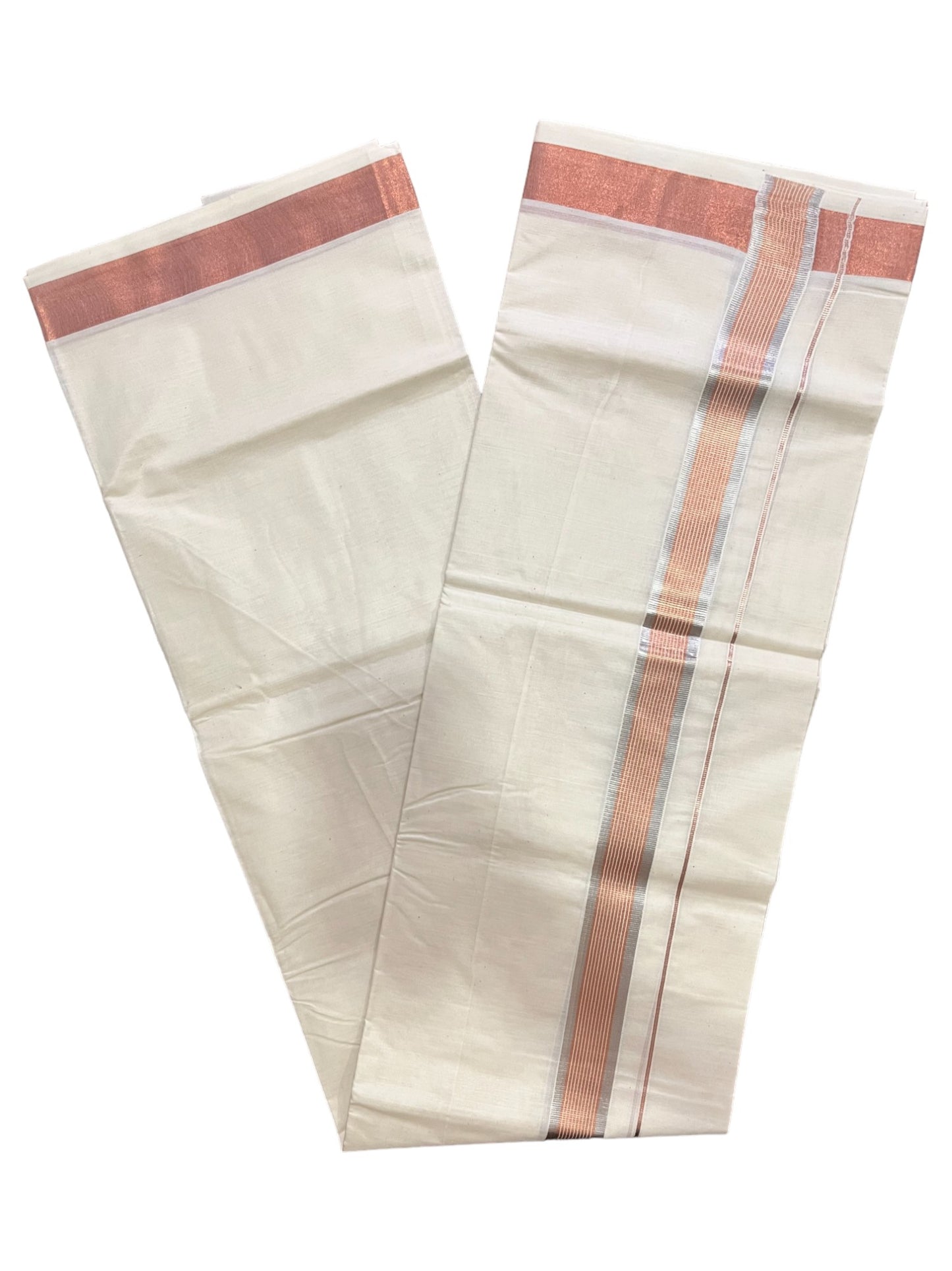 Kerala Pure Cotton Silver Kasavu Double Mundu with Silver and Copper Kasavu Border