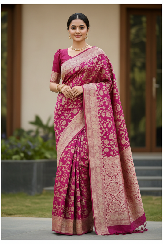 Southloom  Banarasi Silk Saree with Woven Work on Body and Borders (Magenta)