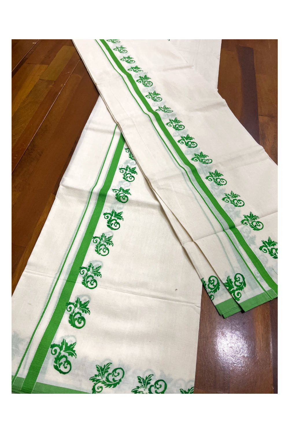 Kerala Pure Cotton Set Mundu Single (Mundum Neriyathum) with Light Green Block Prints