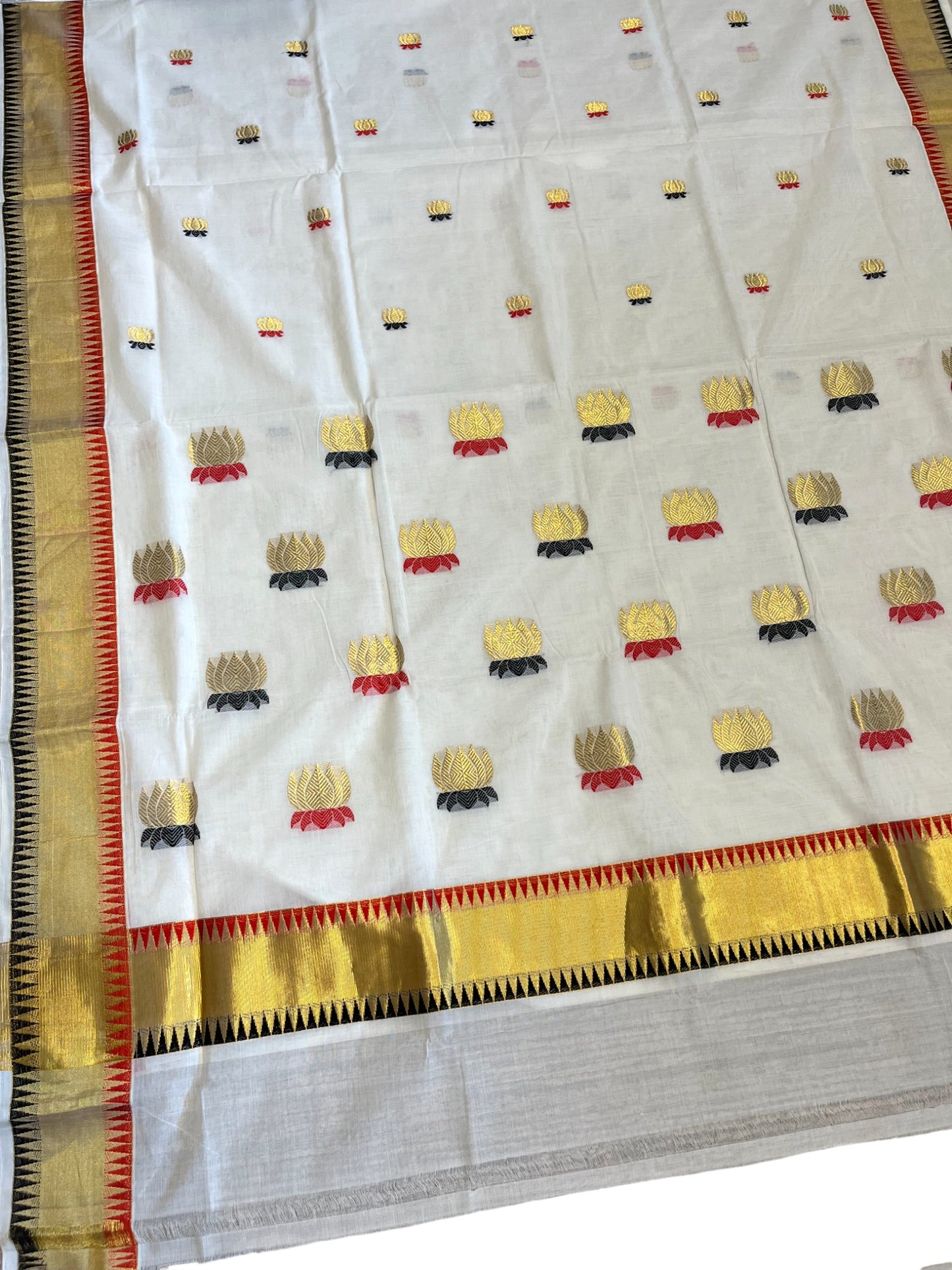 Southloom Super Premium Balaramapuram Unakkupaavu Handloom Cotton Saree with Lotus Woven Work on Body with Temple Border