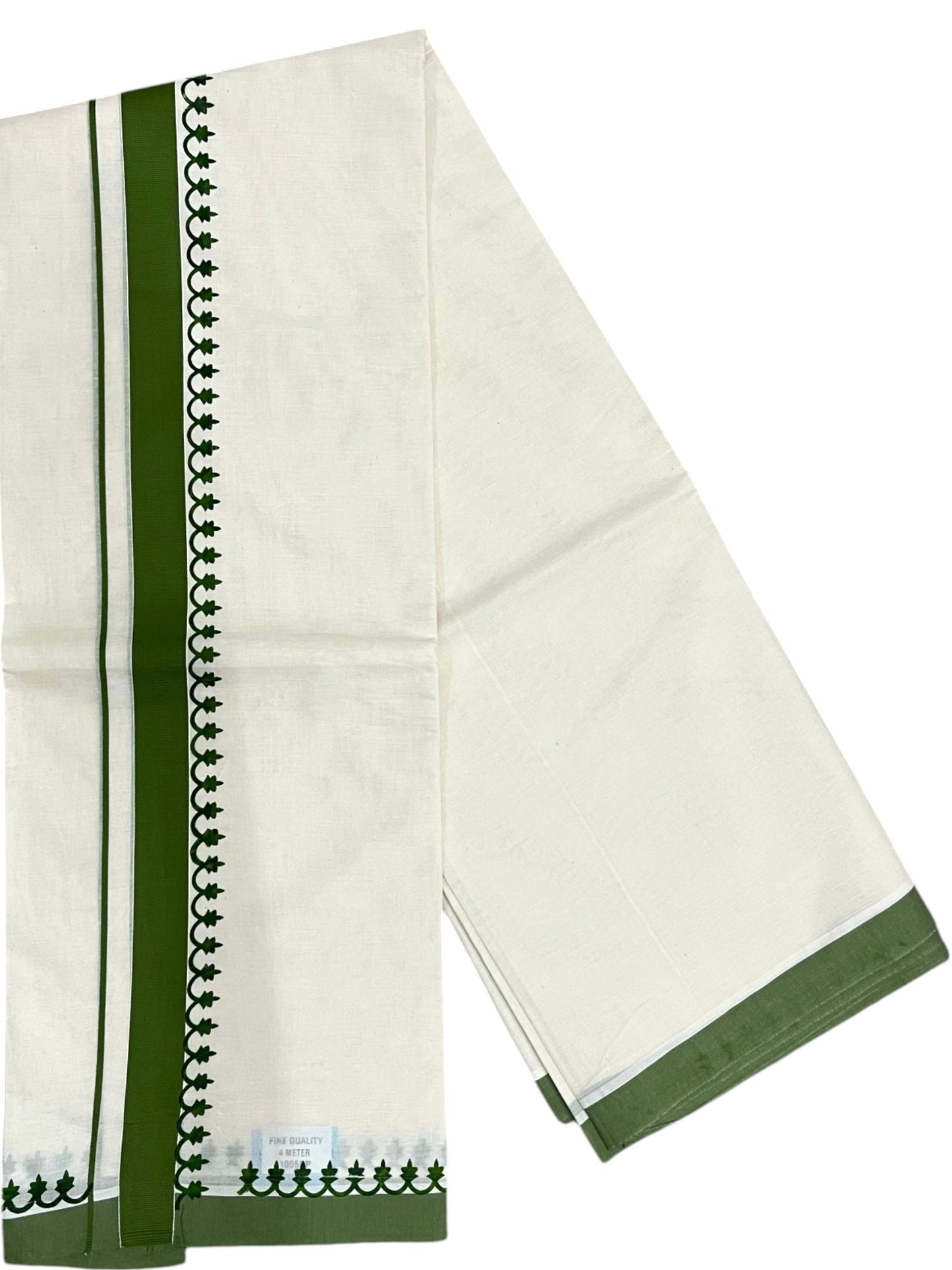 Southloom Kerala Cotton Green Kara Printed Double Mundu (South Indian Kerala Dhoti) SL567