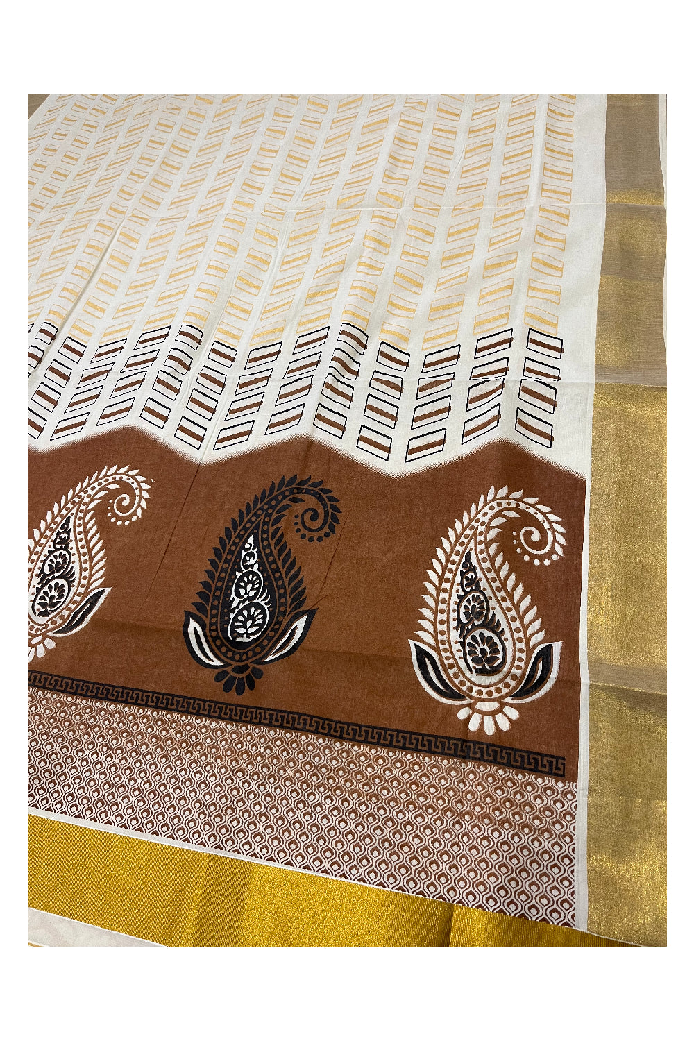 Kerala Cotton Saree with Brown Block Prints on Pallu and Golden Block Prints on Body