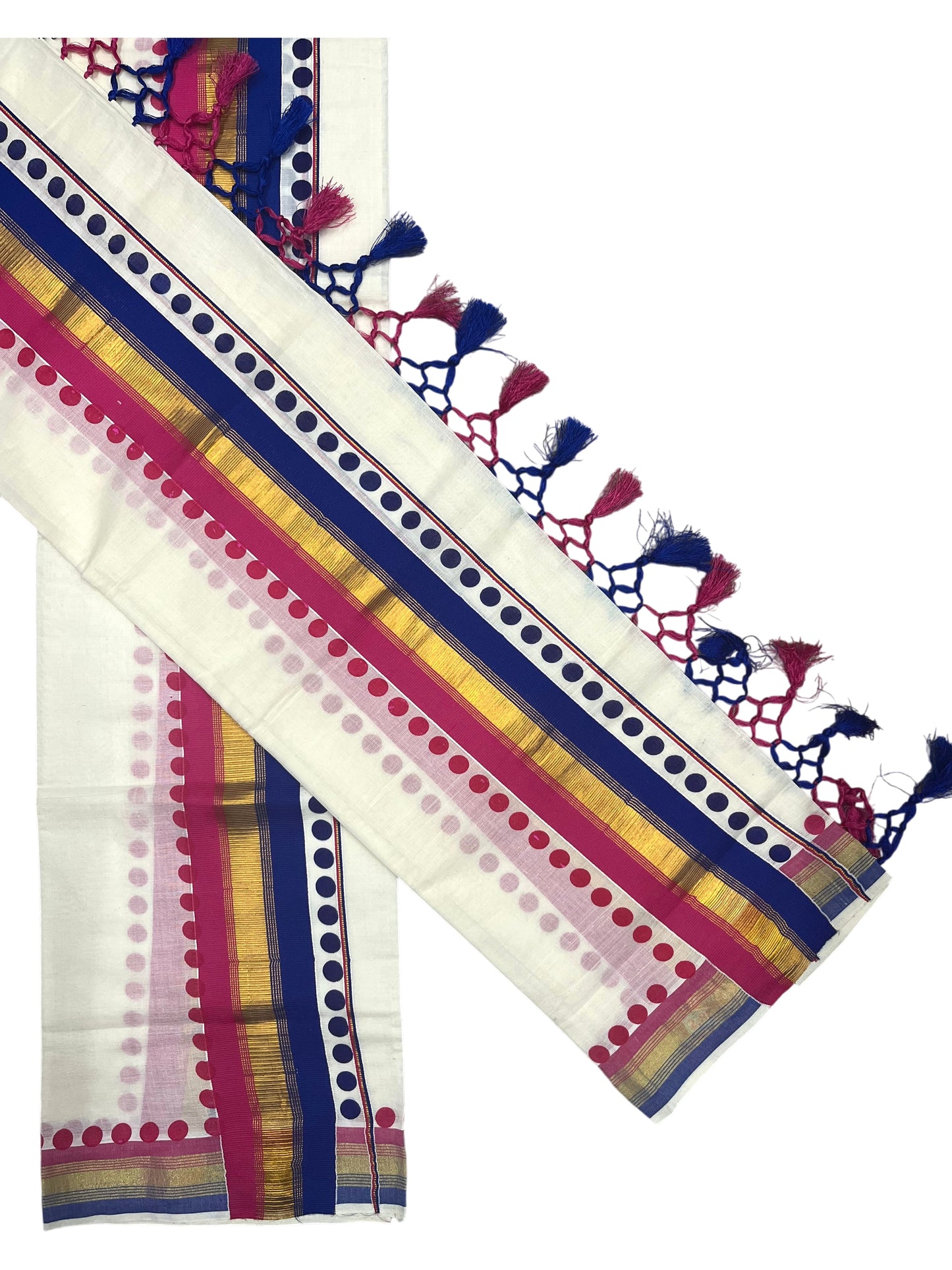Southloom Kerala Cotton Kasavu Single Set Mundu (Mundum Neriyathum) with pink and Blue Border With Polka Dots SLKK