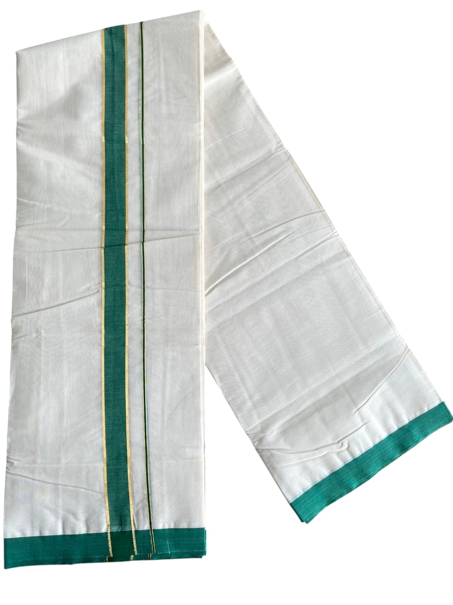 Southloom Pure Cotton Mundu with Golden Lines and Green Border (South Indian Kerala Dhoti)