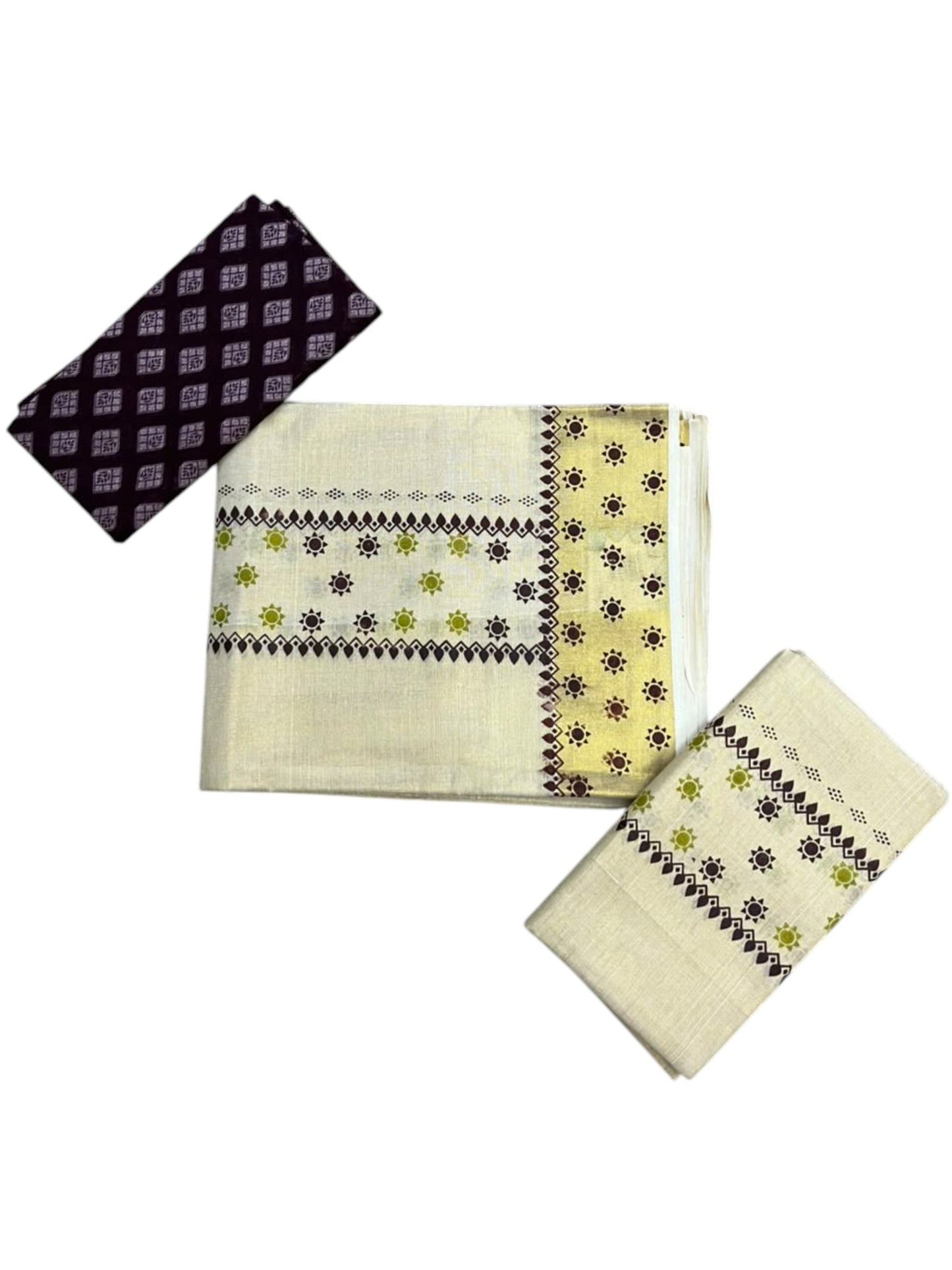 Southloom Kerala Tissue Set Mundu (Mundum Neriyathum) with Olive Green & Brown Floral Prints on Border-2.80Mtrs SL625