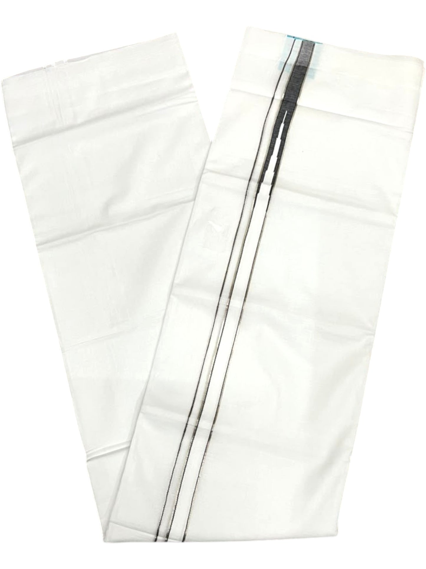 Southloom Pure White Cotton Double Mundu with Silver and Black Chutti Kara (South Indian Dhoti)