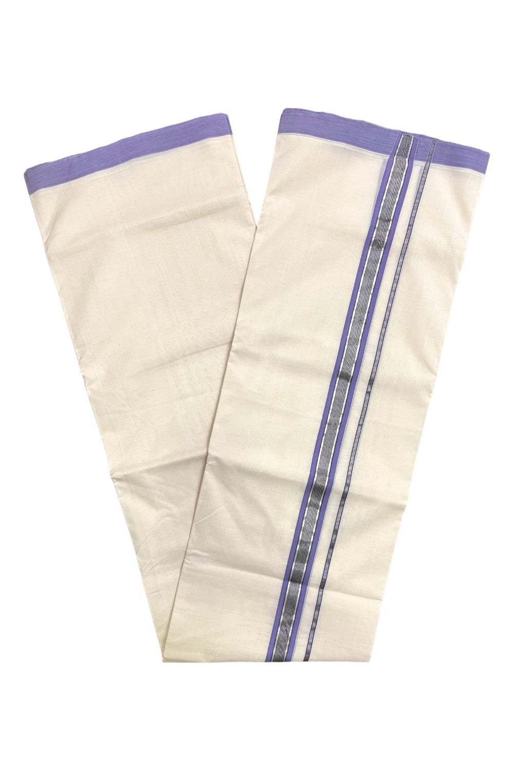 Premium Balaramapuram Handloom Unakkupaavu Cotton Double Mundu with Silver Kasavu and Violet Border (Vishu 2024 Collection)