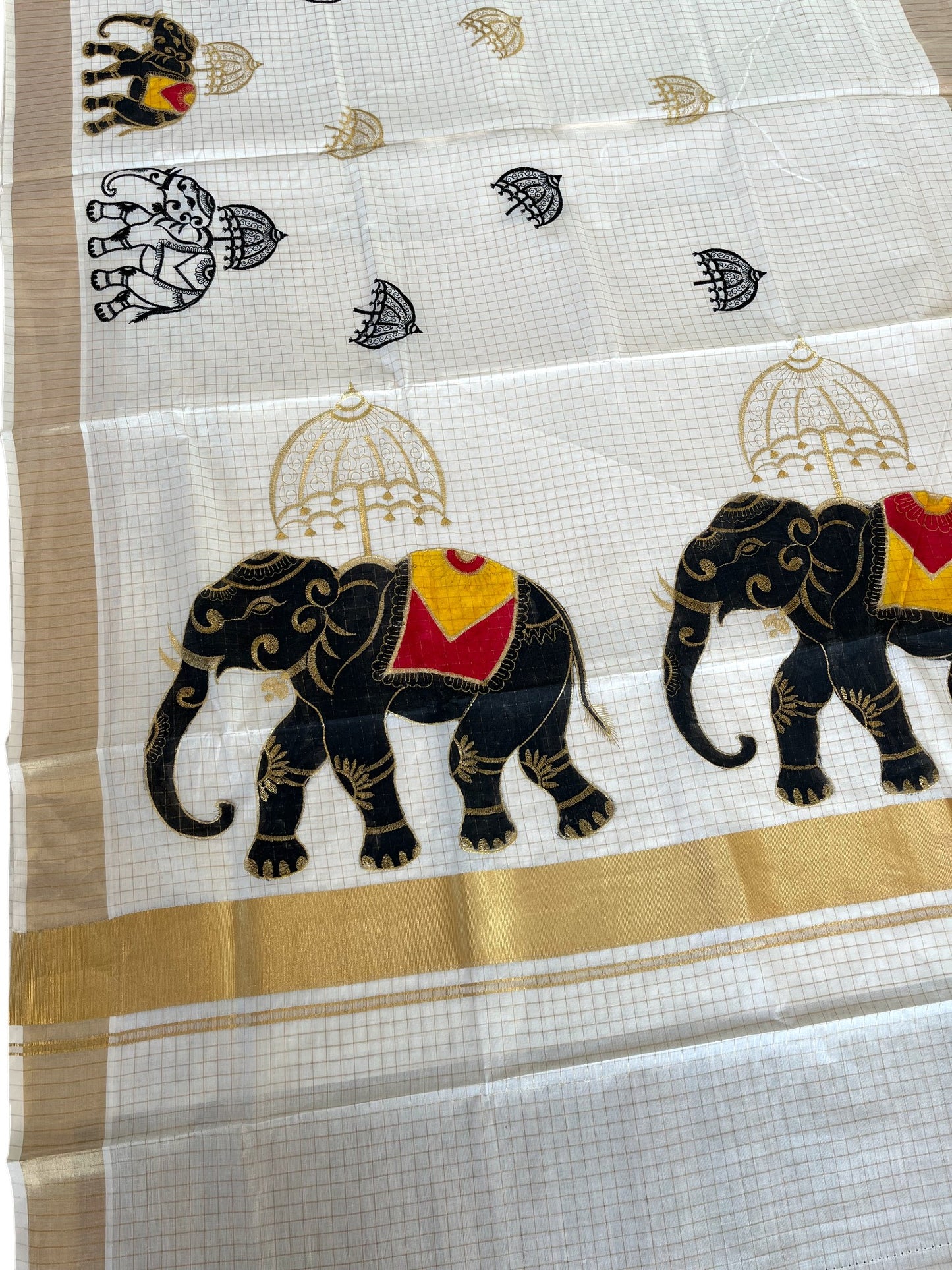 Southloom Kerala Cotton Kasavu Check Saree with Elephant Handpainted and Embroidery Work