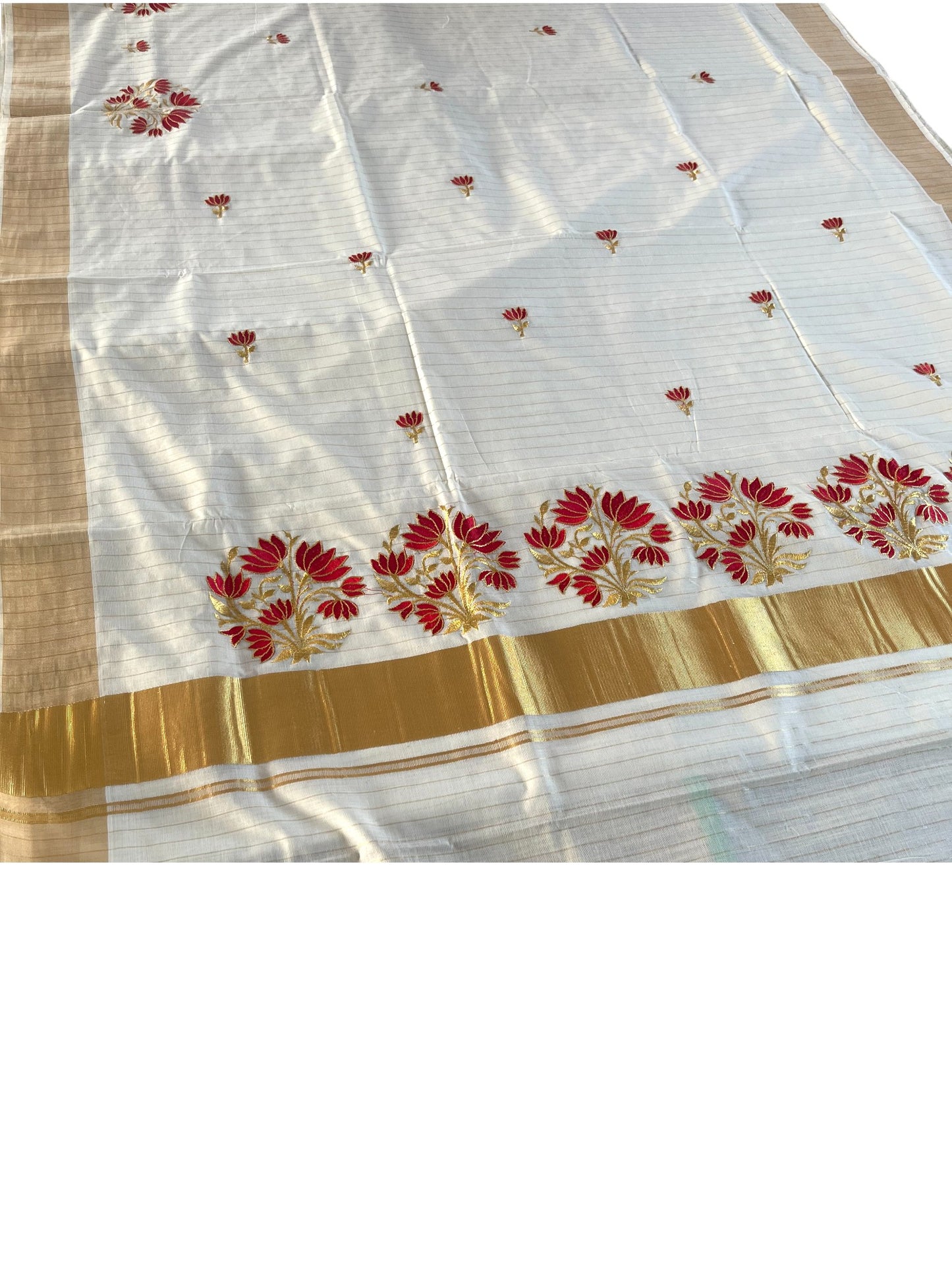 Southloom Kerala Cotton Stripes Kasavu Saree With Gold & Red Embroidery Work On Body