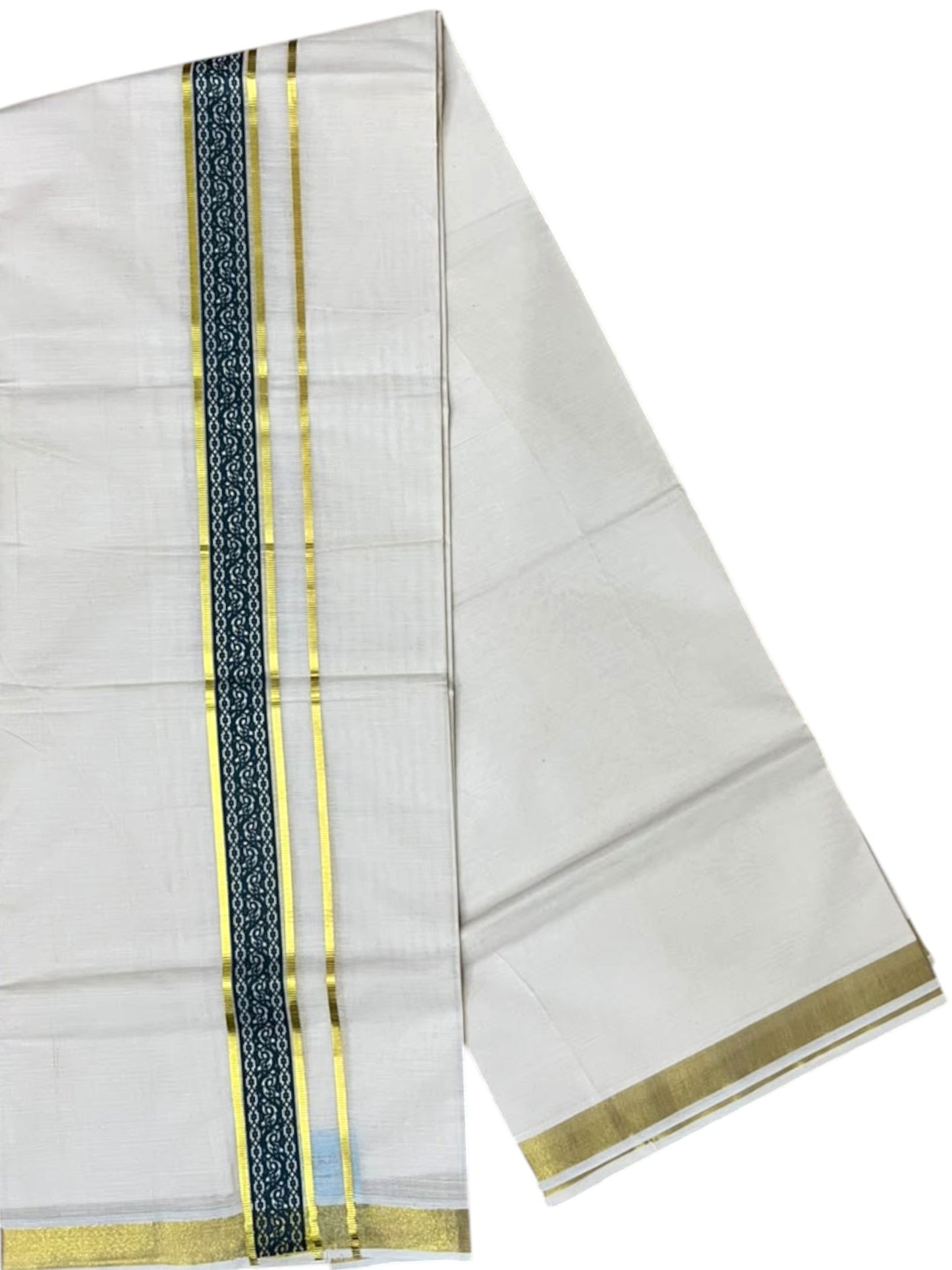 Southloom Pure Cotton Double Mundu with Green Block Printed And Ksavu Border (South Indian Kerala Dhoti)
