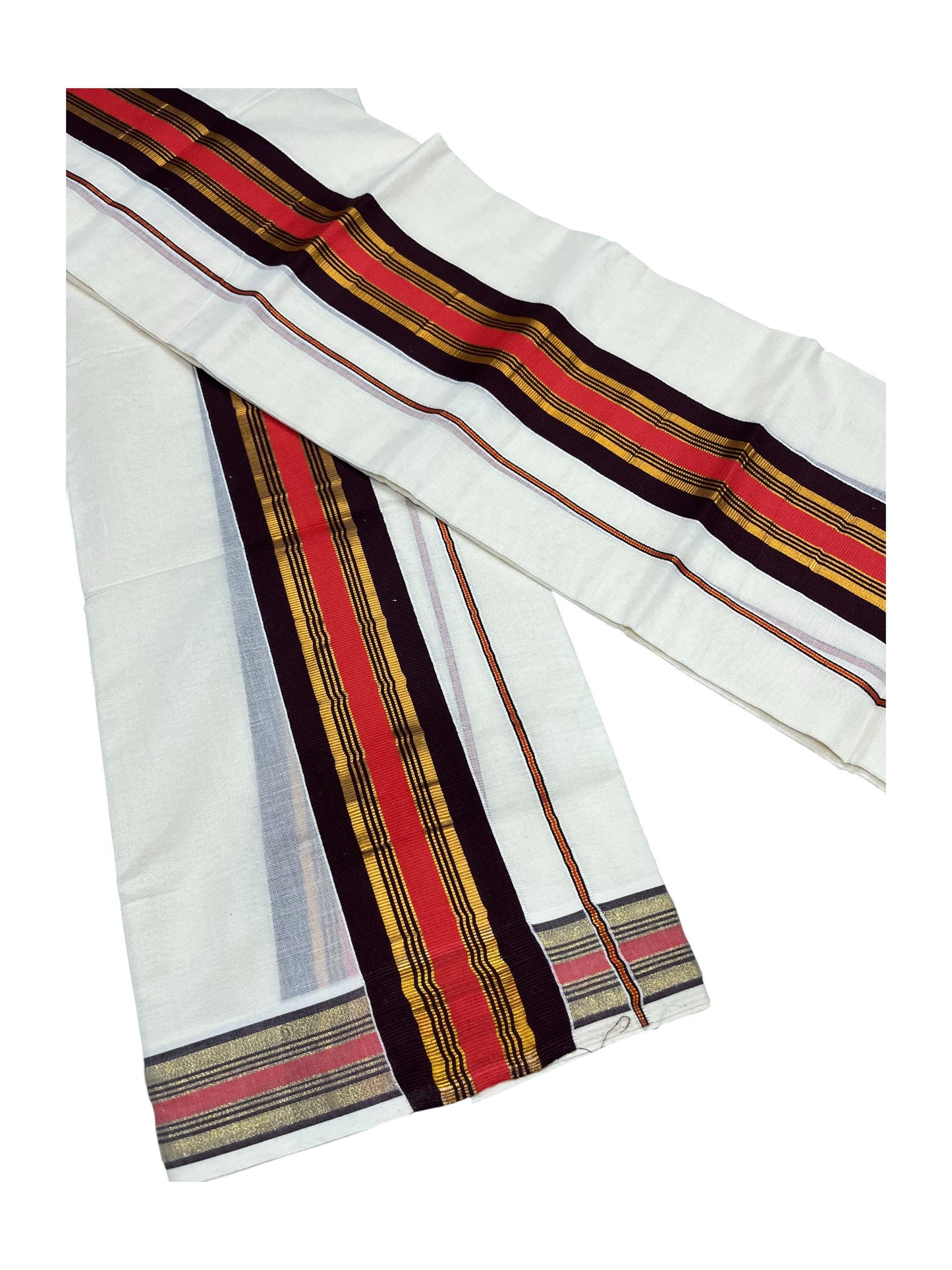Southloom Kerala Cotton Kasavu Set Mundu (Mundum Neriyathum) with  Brown and Orange Border