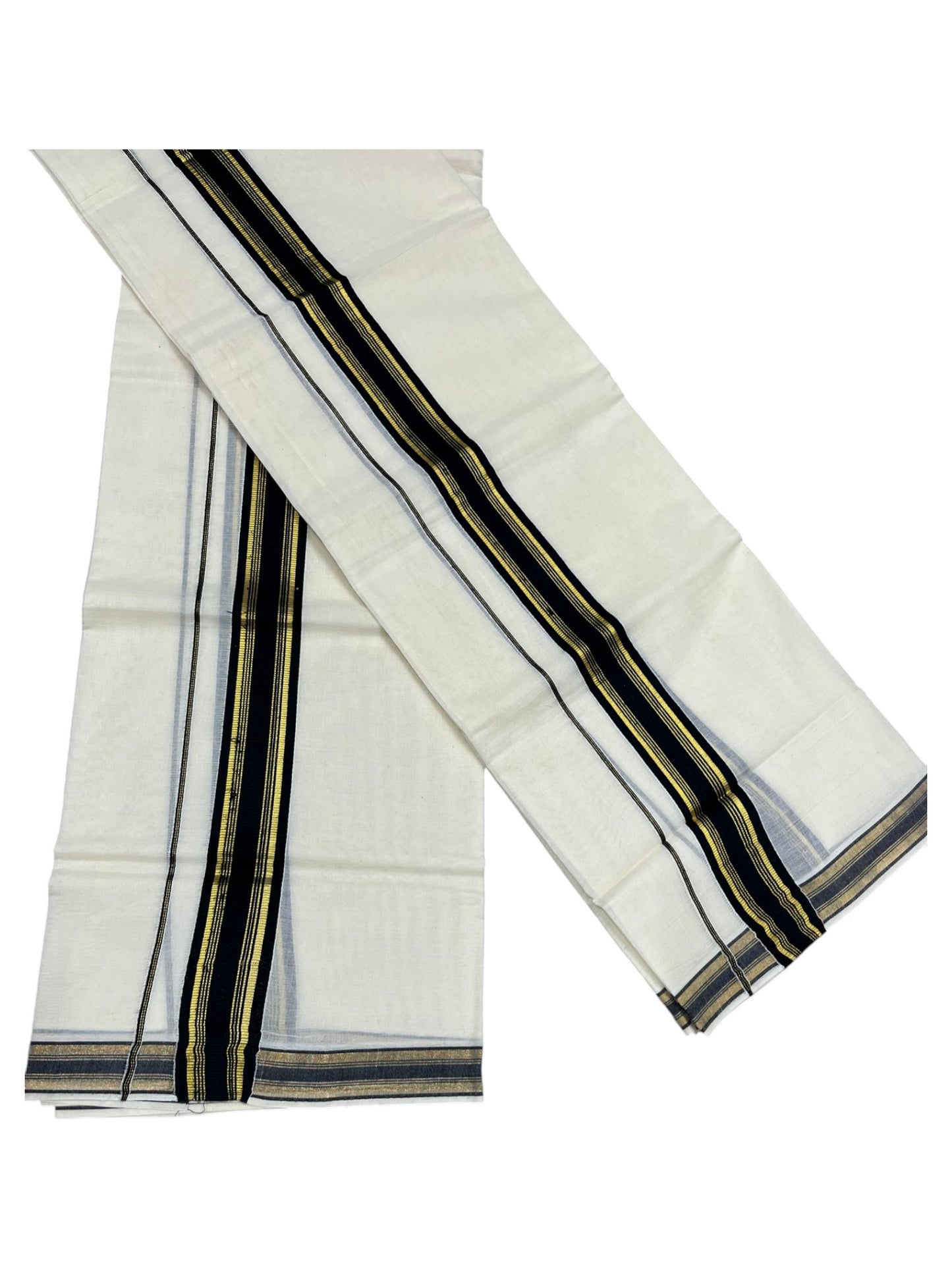 Southloom Kerala Cotton Single Set Mundu (Mundum Neriyathum) with Kasavu and Black Border in 2.80 Mtrs