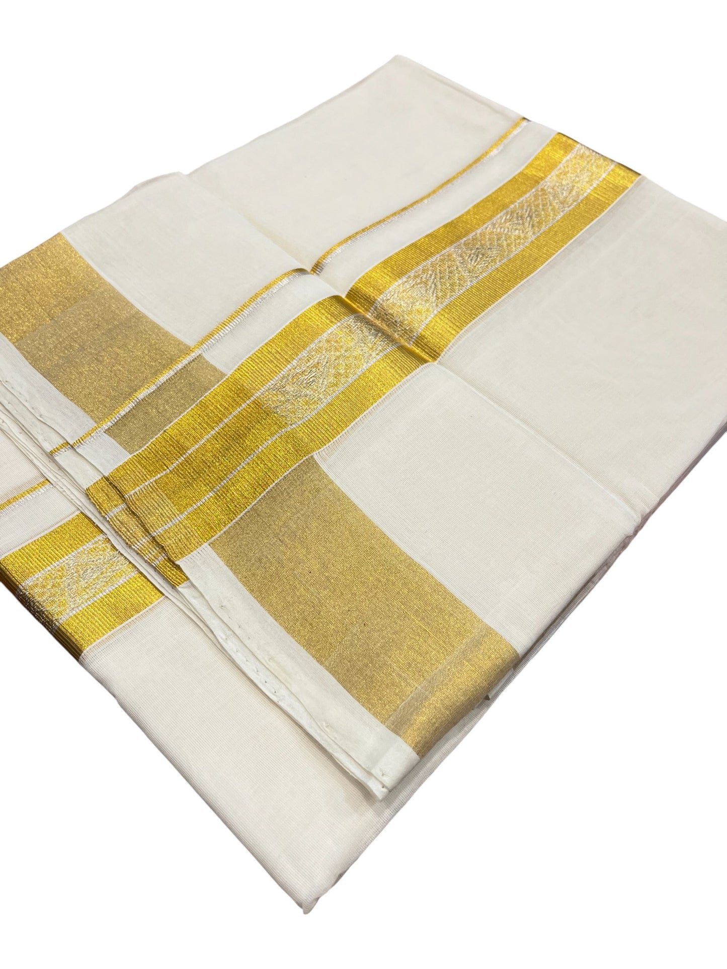 Southloom Premium Handloom Cotton Double Mundu with Gold Kasavu Border