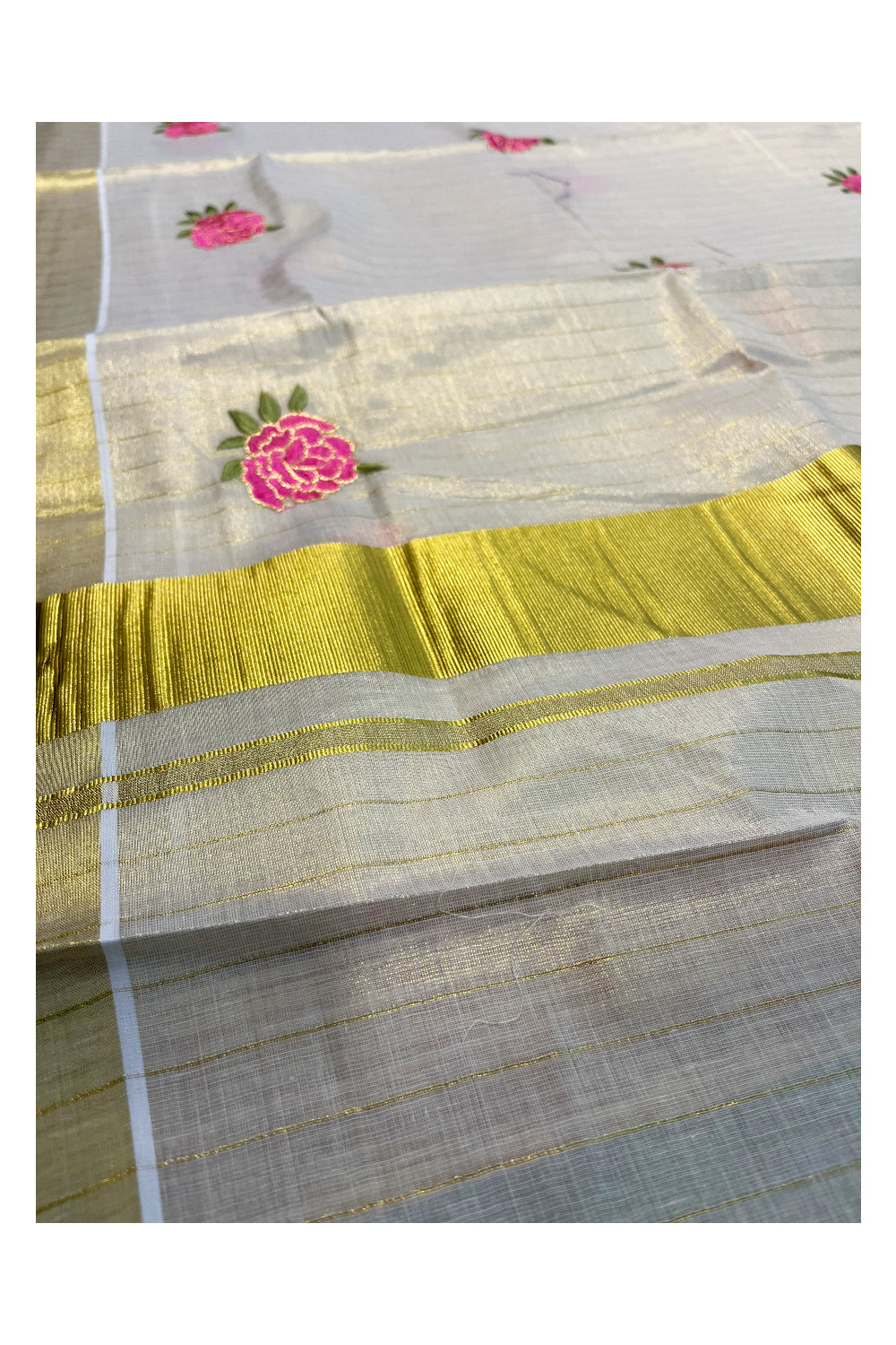 Southloom Kerala Tissue Kasavu Lines Saree with Pink Floral Embroidery Works