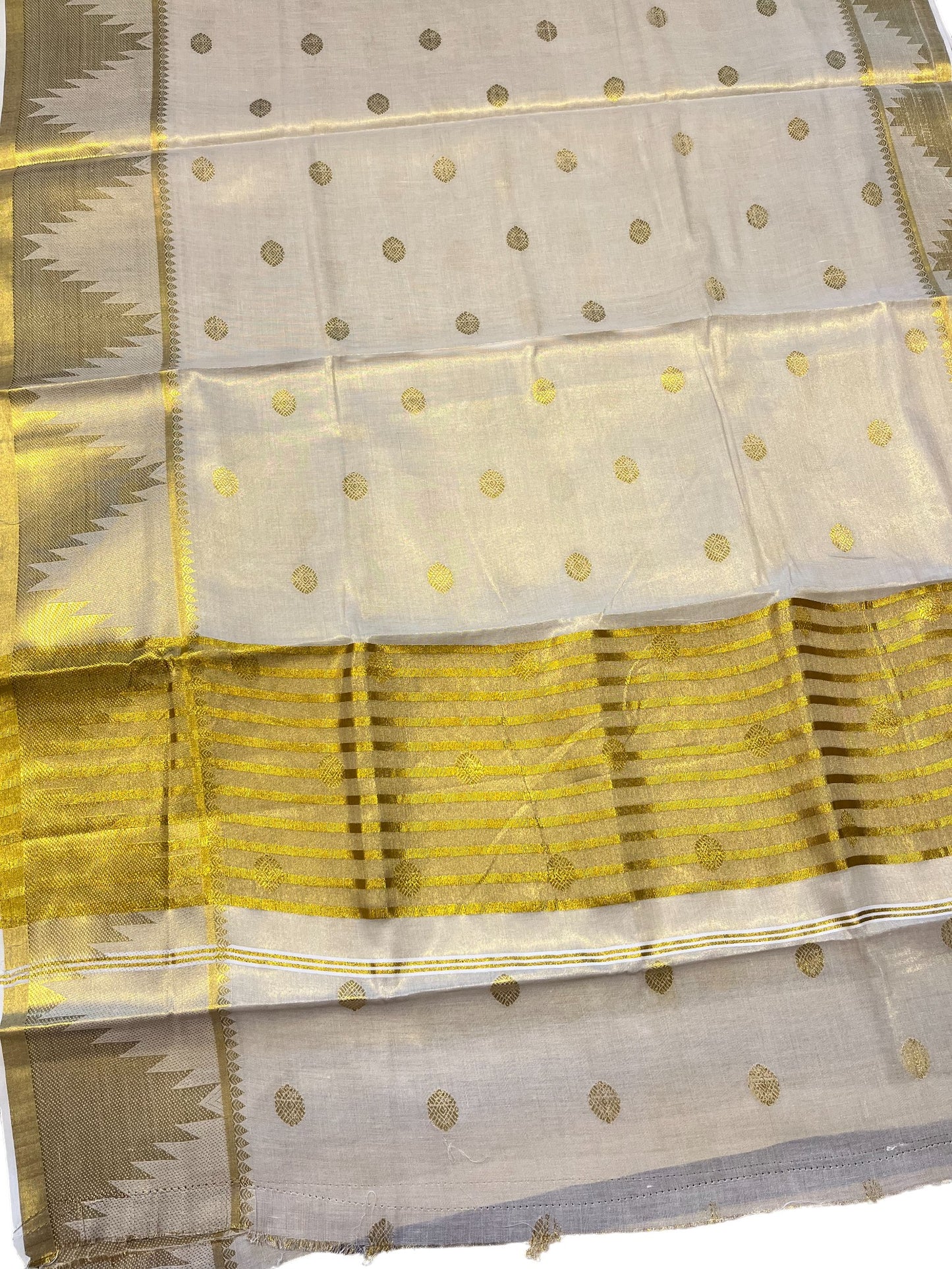 Southloom Tissue Kasavu Saree with Woven Butta Works Across Body and Temple Border