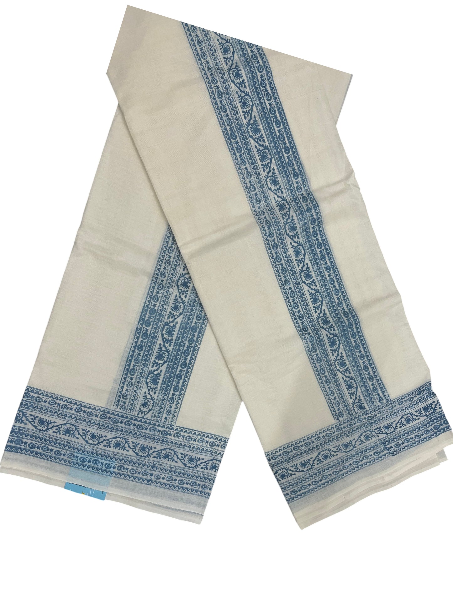 Southloom Blue Block Printed Set Mundu with Blouse Piece 2.80Mtrs