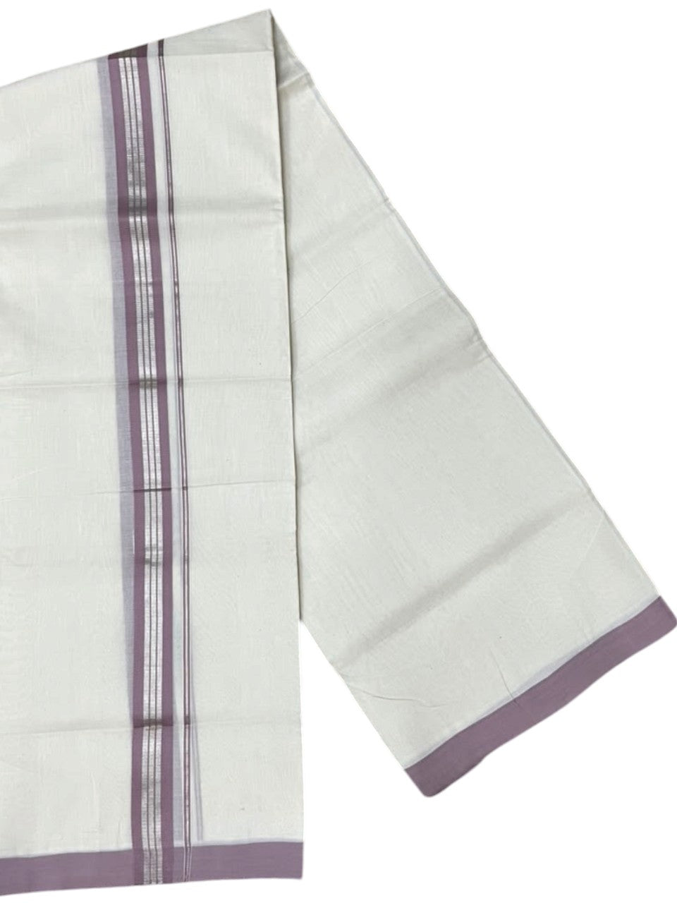 Southloom Pure Cotton Mundu with Siver Lines and Lavendar Border (South Indian Kerala Dhoti)