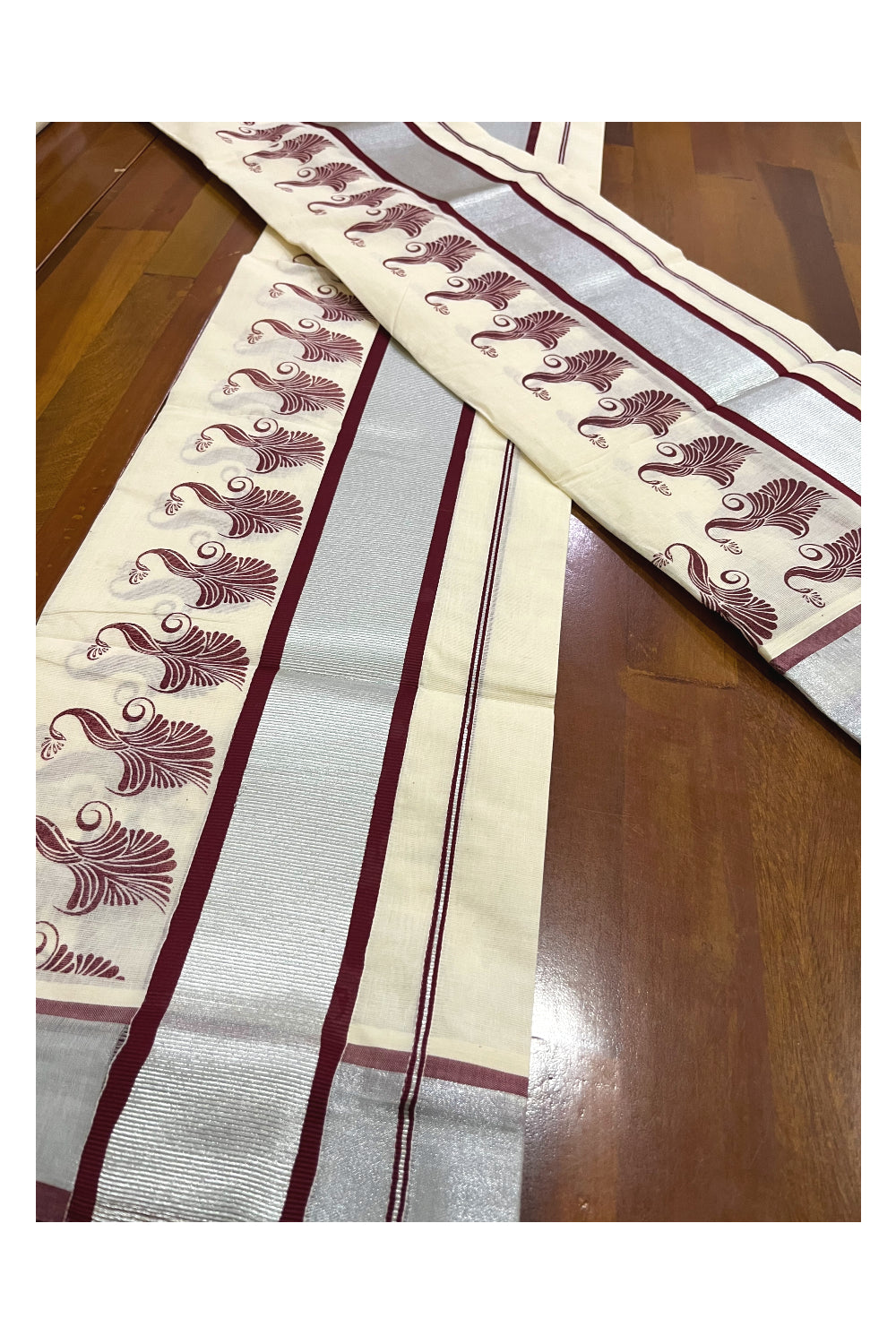 Pure Cotton Kerala Single Set Mundu (Mundum Neriyathum) with Maroon Block Printed Silver Kasavu Border