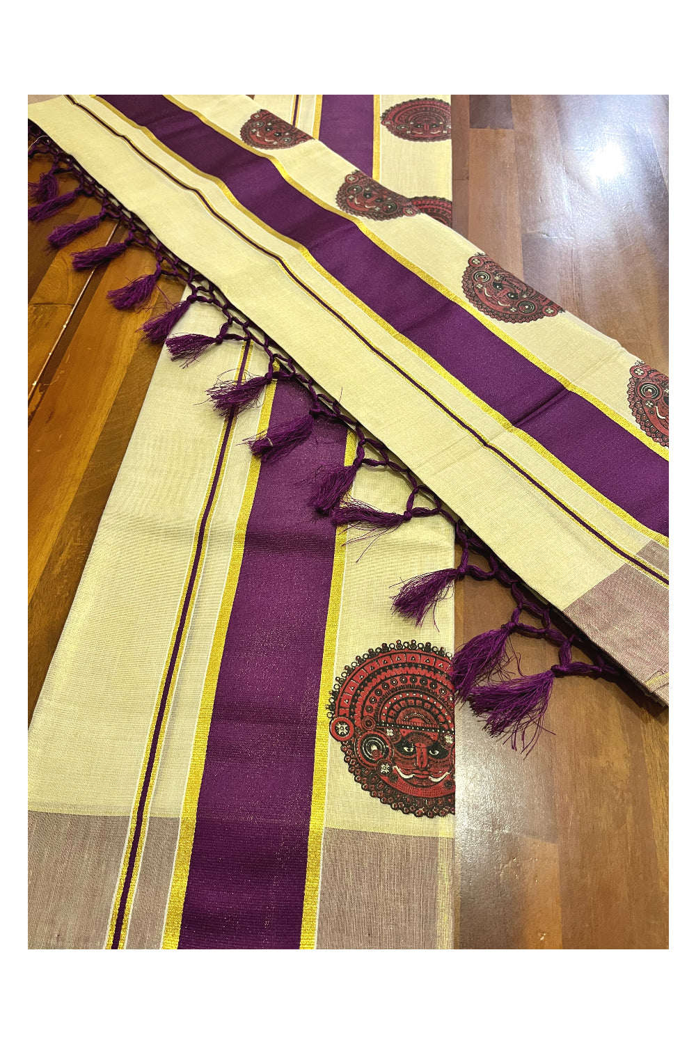 Kerala Tissue Kasavu Set Mundu (Mundum Neriyathum) with Theyyam Block Prints and Purple Border