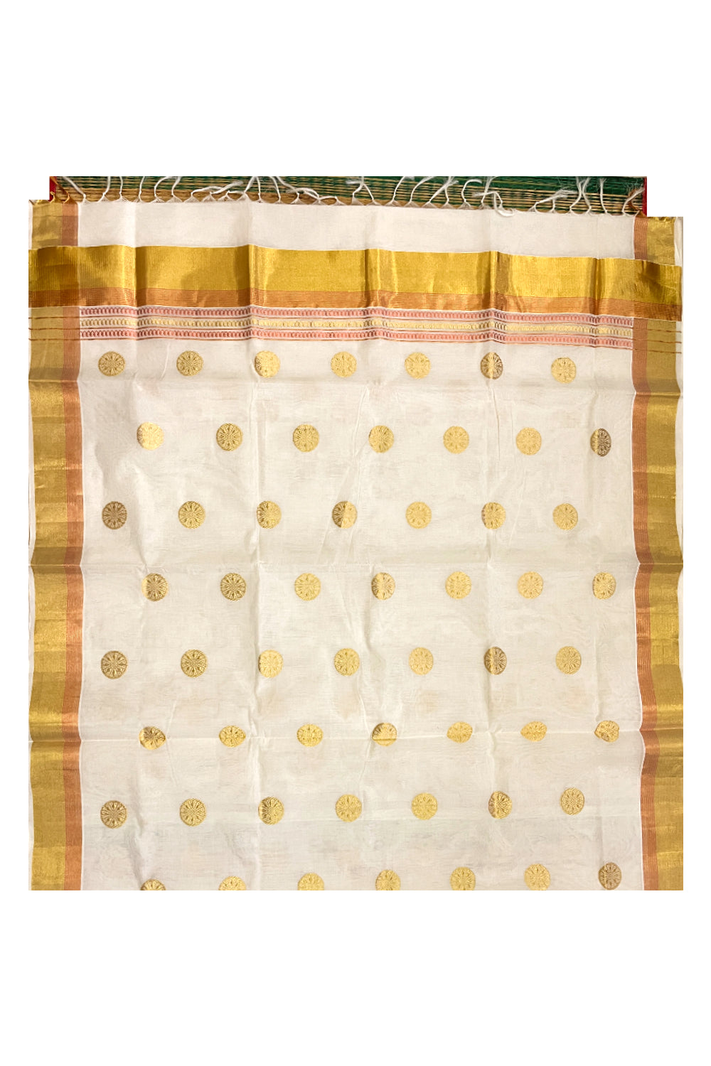 Southloom Premium Handloom Cotton Golden and Copper Kasavu Saree with Woven Designs on Body