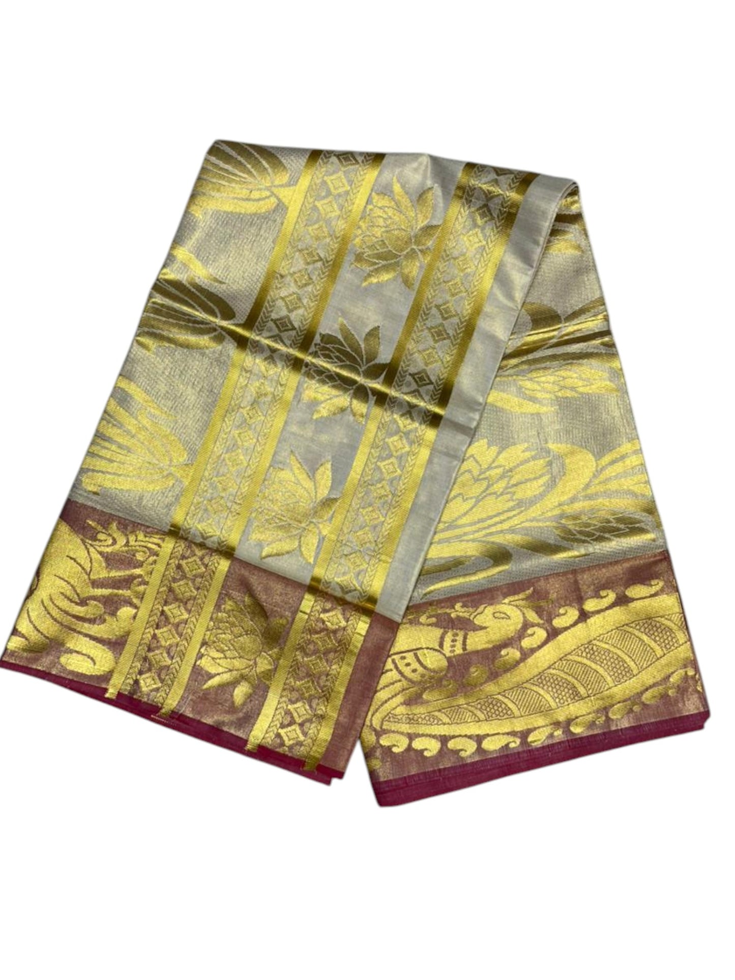 Southloom  Kerala Tissue Kasavu Heavy Work Saree with Peacock Design And Red Border SL483