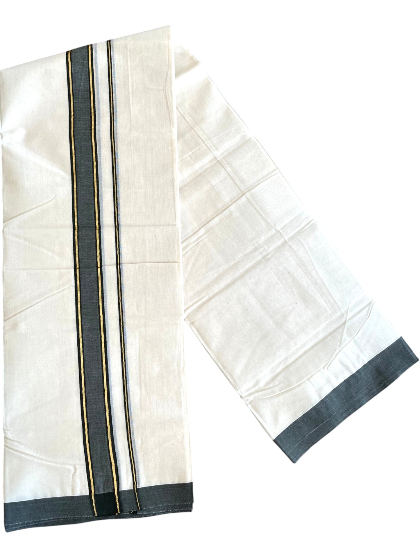 Southloom Pure Cotton Mundu with Golden Lines and Gray Border (South Indian Kerala Dhoti)