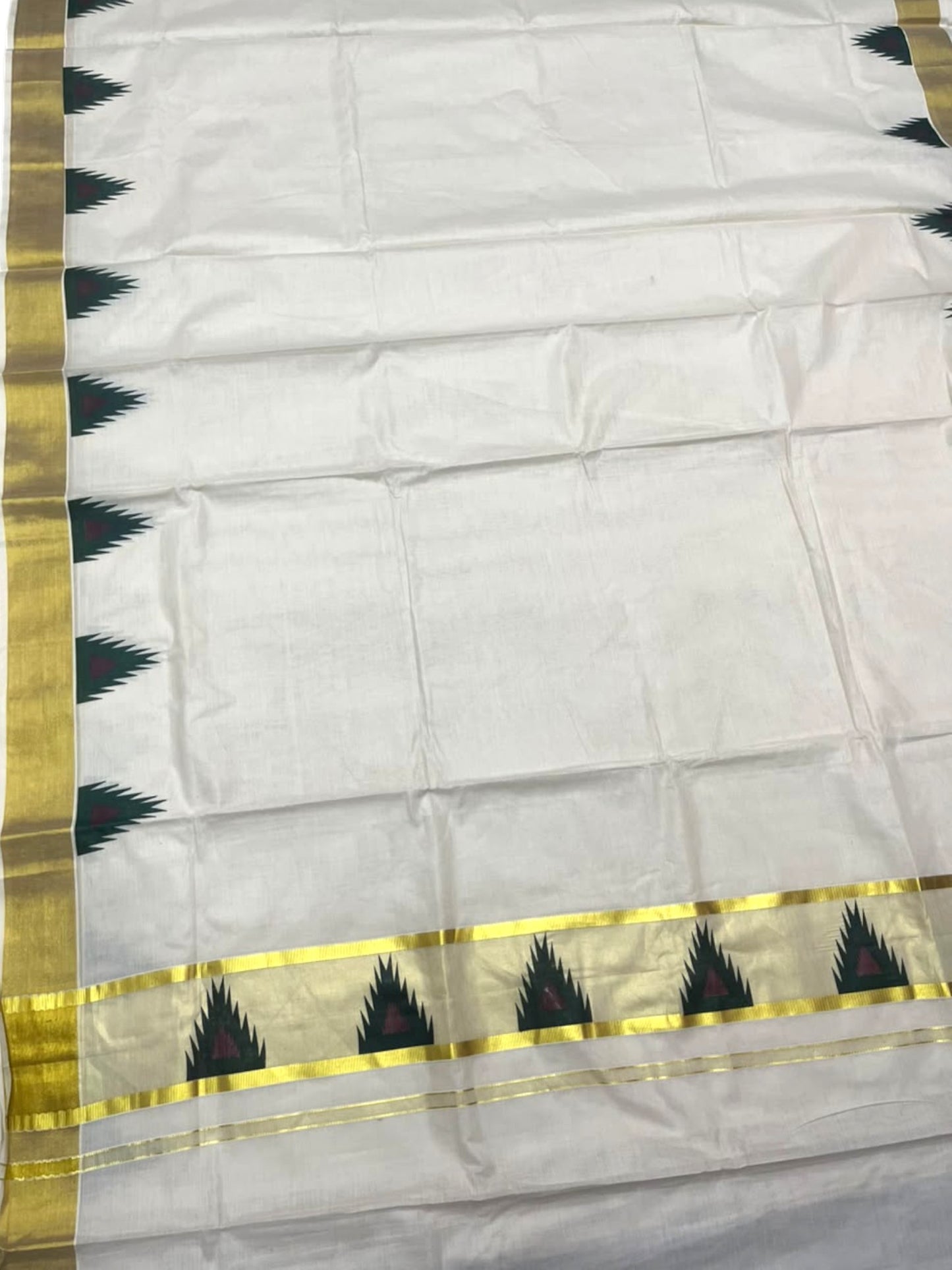 Southloom Cotton Kerala Kasavu Saree with Temple Digital Print In Green and Maroon Borders SL369