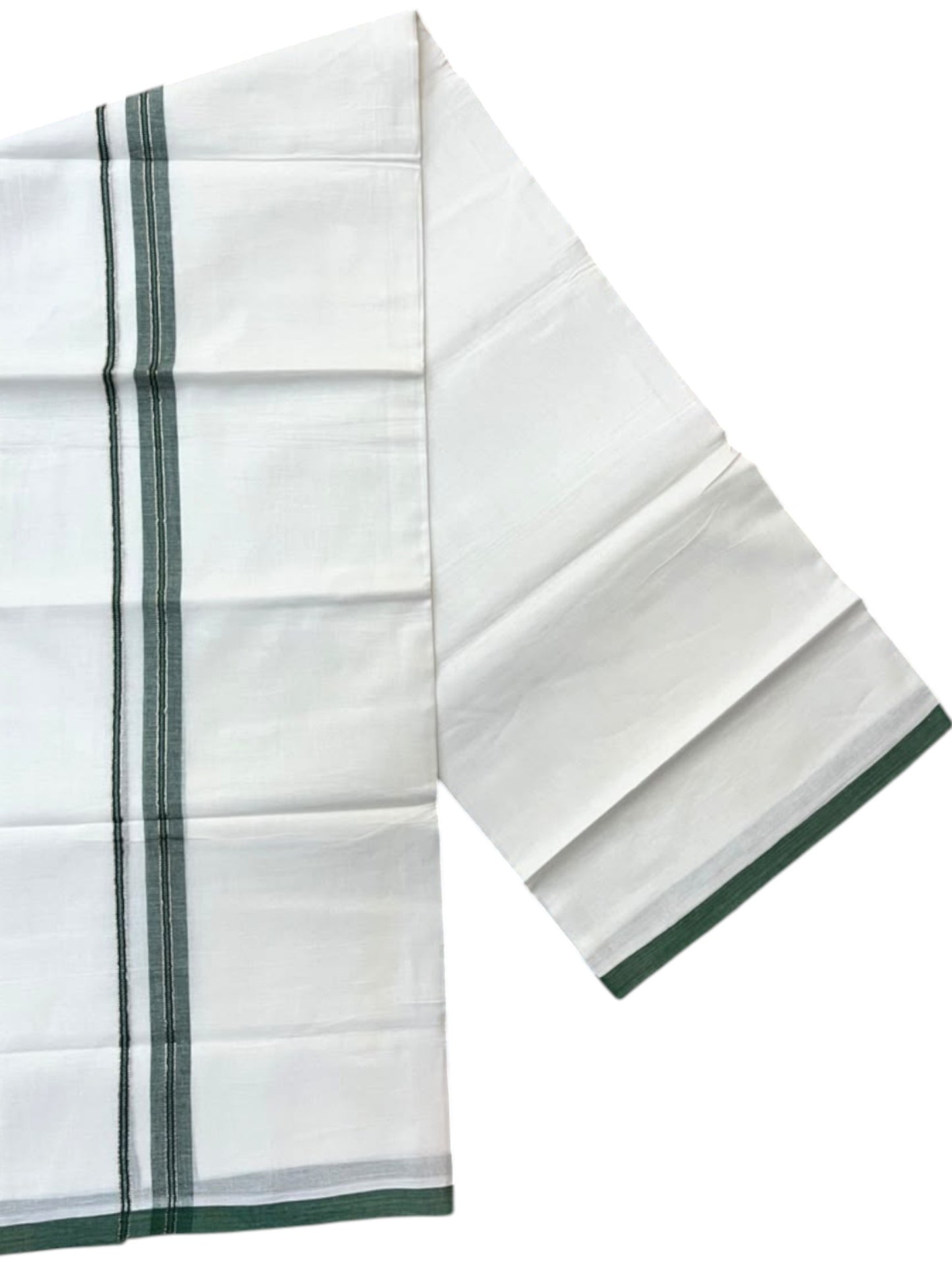 Southloom Pure White Cotton Mundu with Green & Silver Line Border (South Indian Kerala Dhoti)
