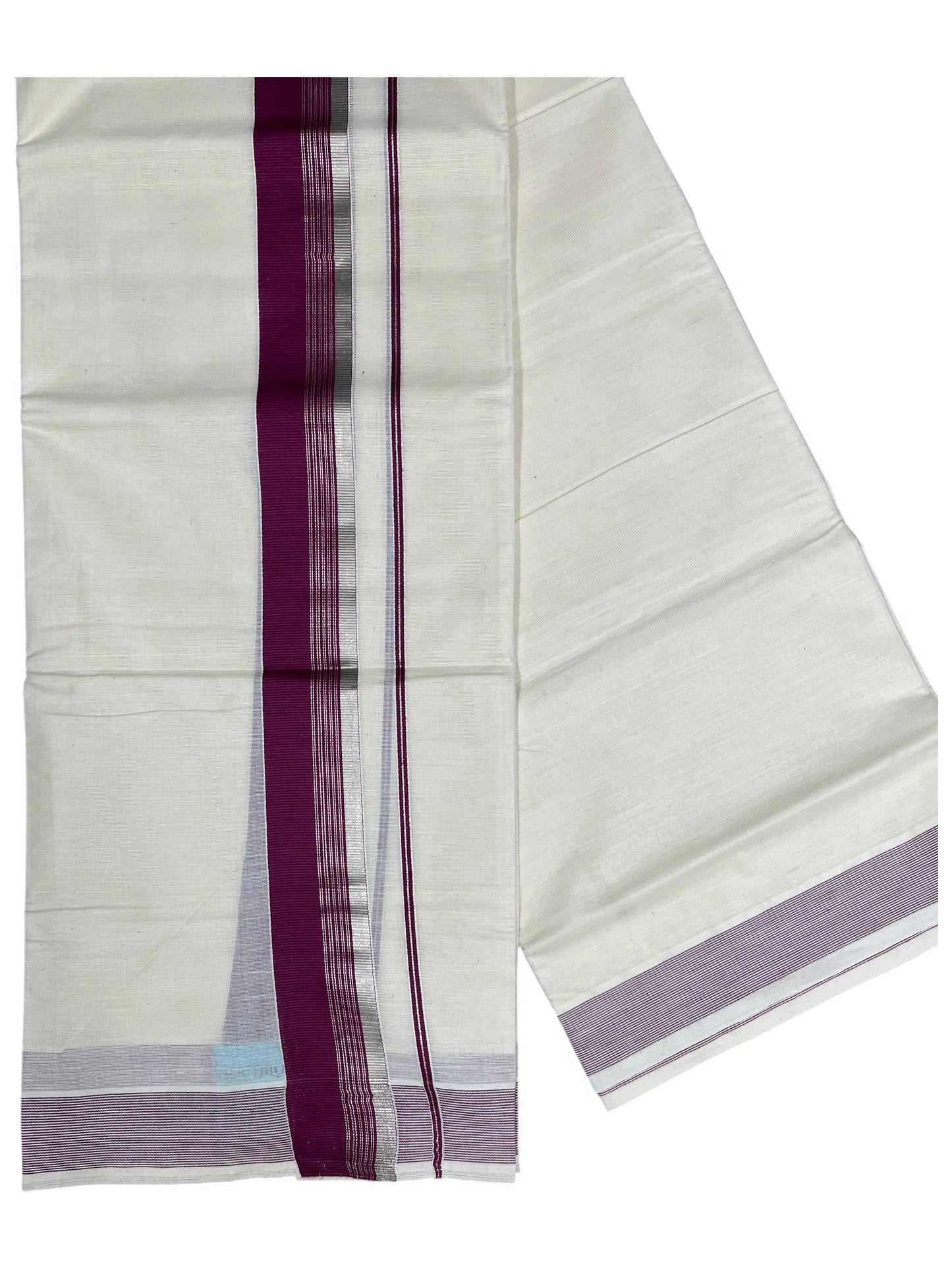 Southloom Pure Cotton Mundu with Silver Lines and Purple Border (South Indian Kerala Dhoti)