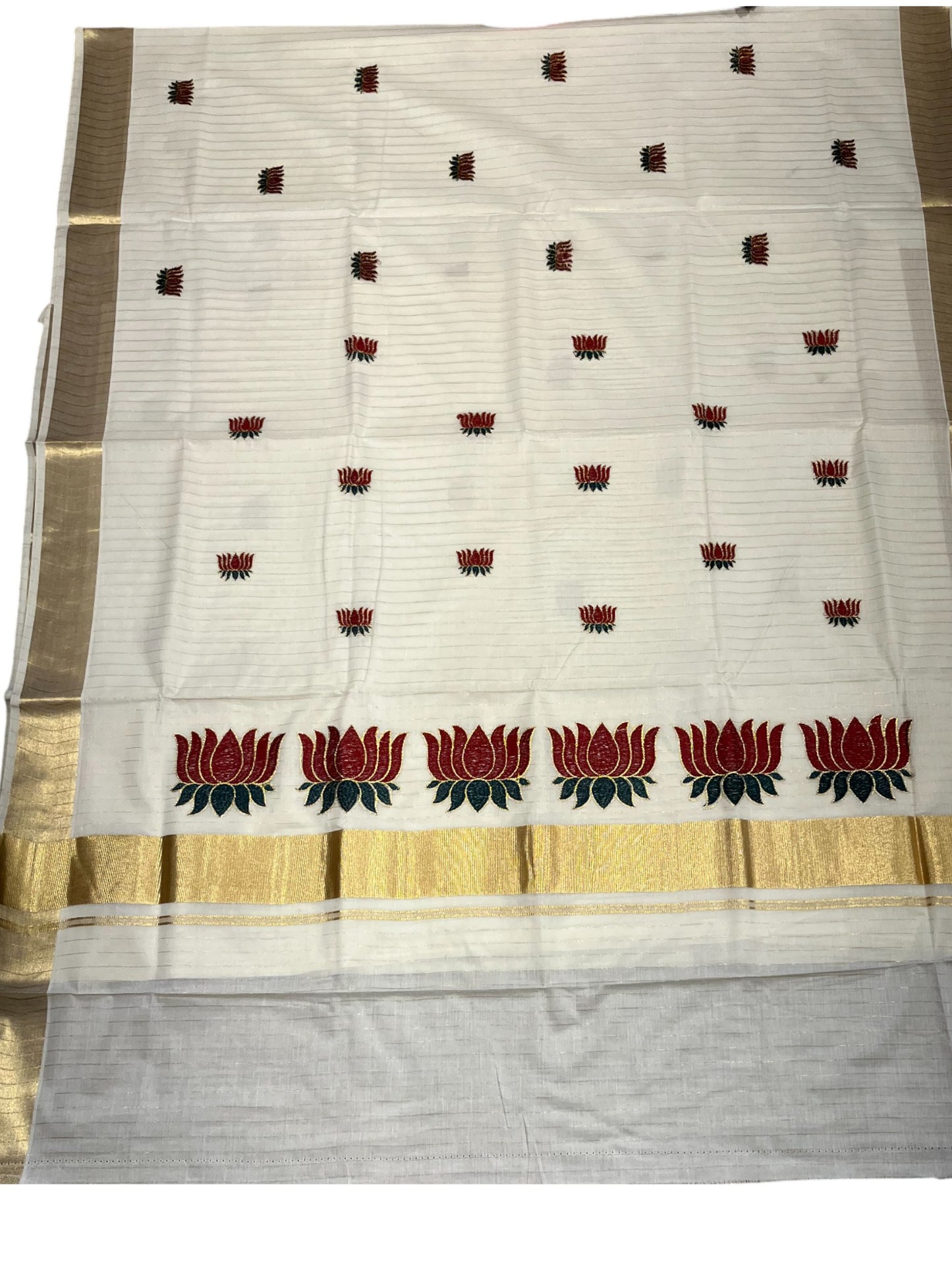 Southloom Kerala Cotton Kasavu Line Saree with Maroon Lotus Embroidery Works
