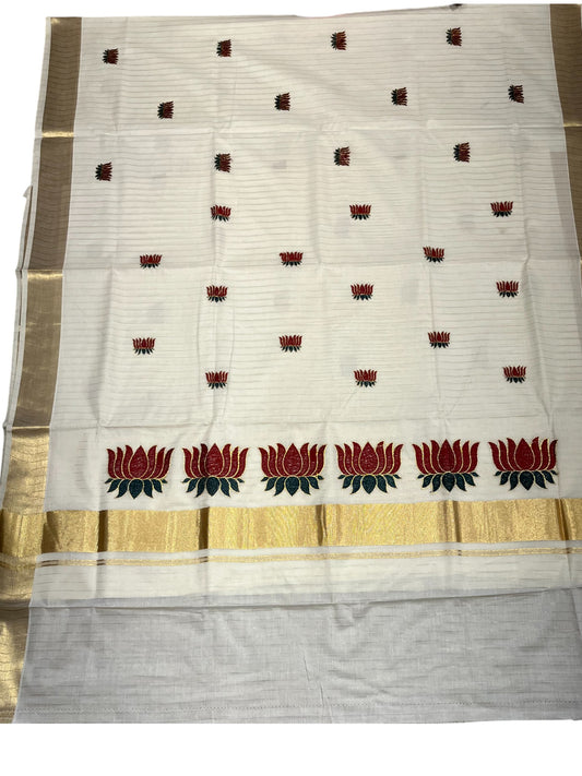 Southloom Kerala Cotton Kasavu Line Saree with Maroon Lotus Embroidery Works