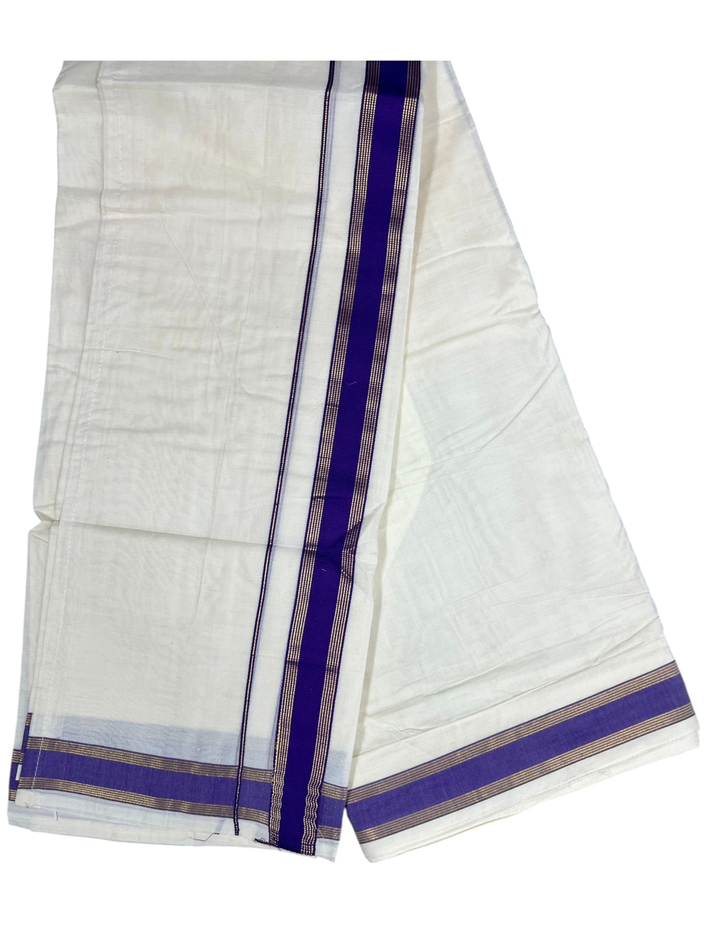 Southloom Kerala Cotton Velcro Mundu with Gold Lines and Violet Border (South Indian Kerala Dhoti) in 4 mtrs