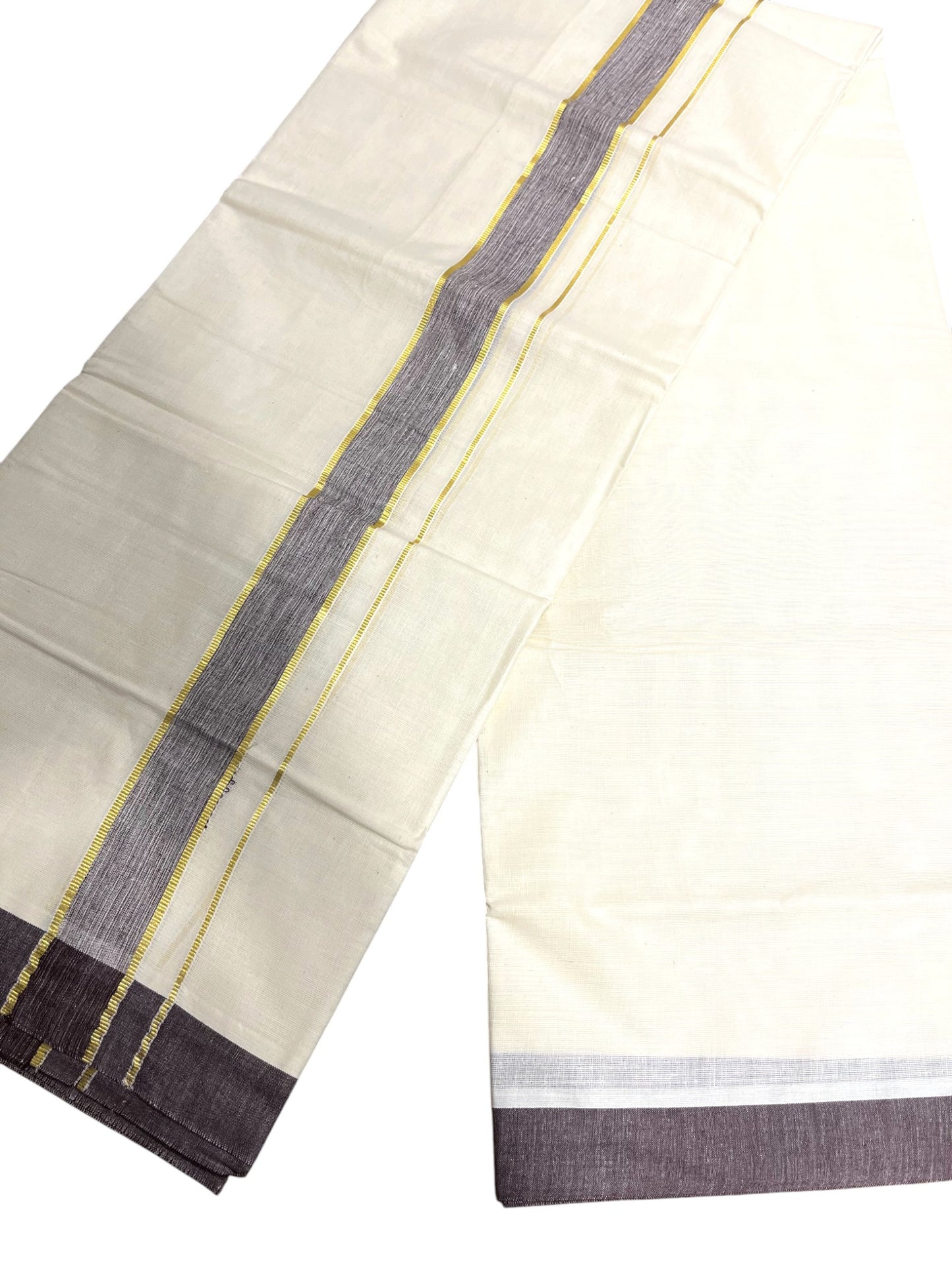 Southloom Kerala Pure Cotton Double Mundu with Gold Lines & Brown Border (South Indian Dhoti)
