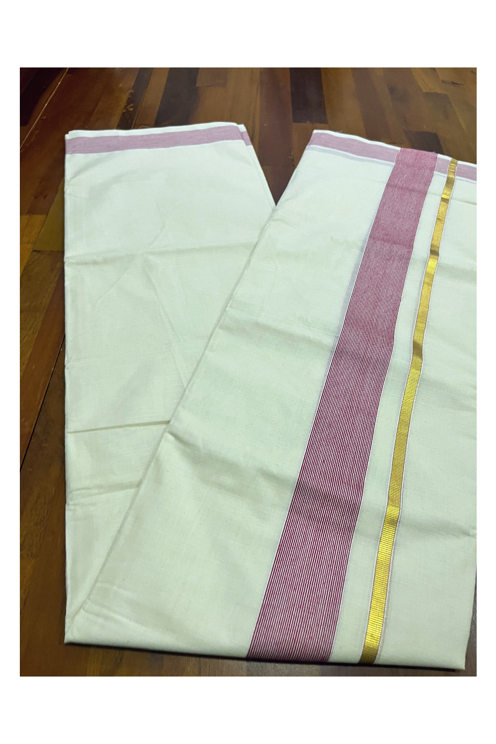 Pure Cotton Mundu with Maroon Lines and Kasavu Border (South Indian Kerala Dhoti)