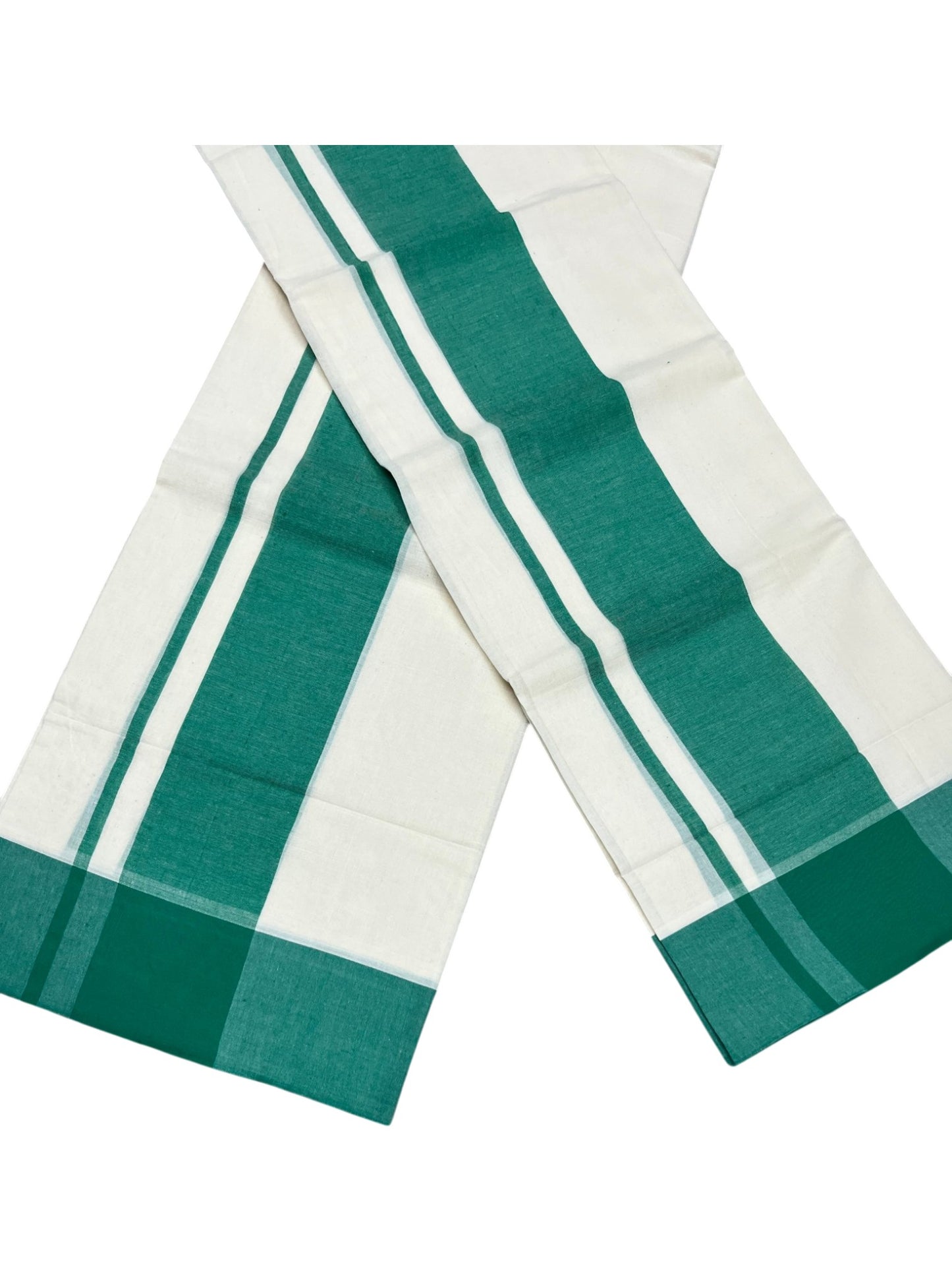 Southloom Pure Cotton Kerala Single Mulloth Set Mundu (Mundum Neriyathum) Green Border in 2.80 mtrs SL243