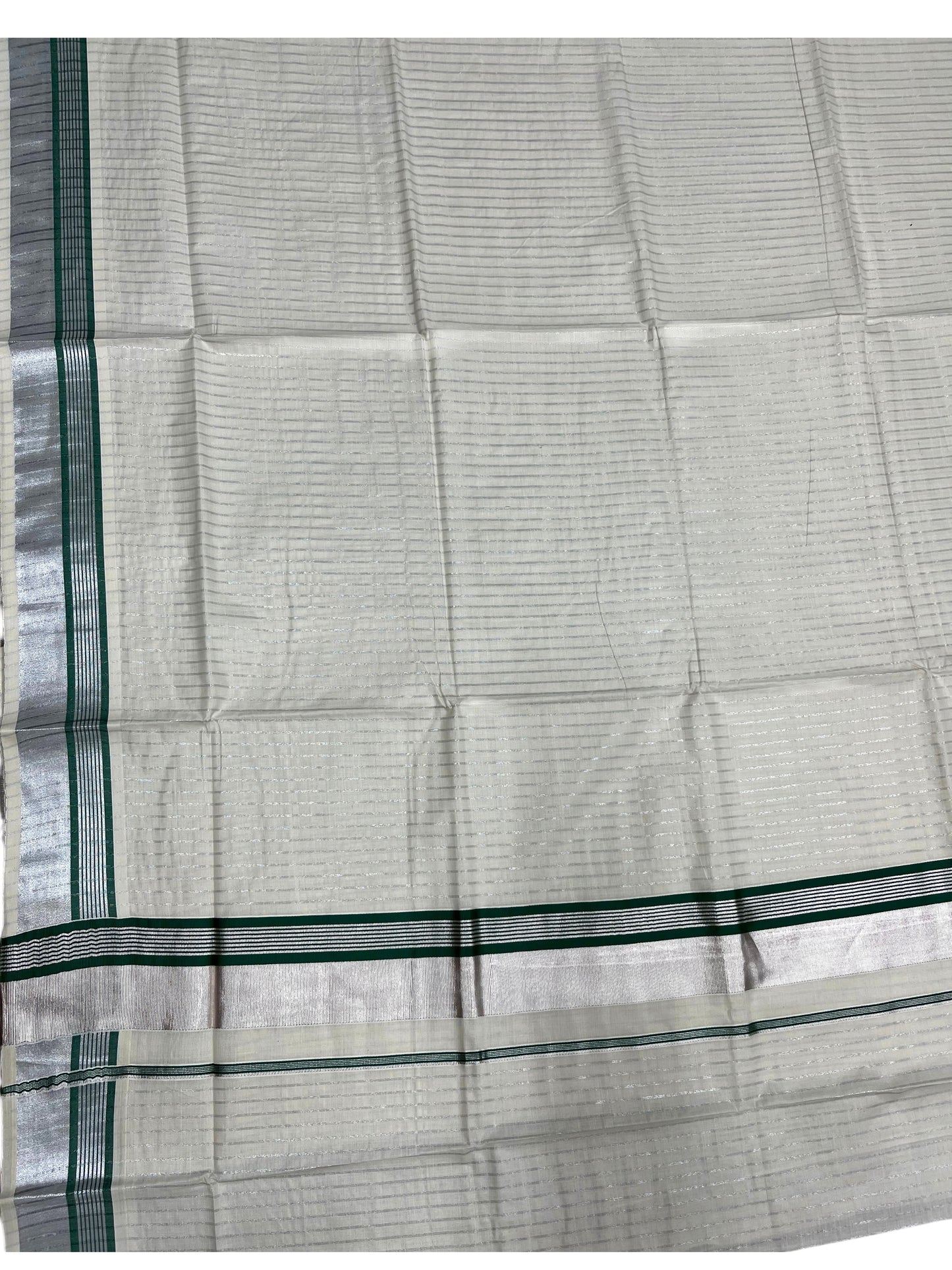 Southloom Pure Cotton Kerala Silver Kasavu Lines Saree with  Green and Silver Border
