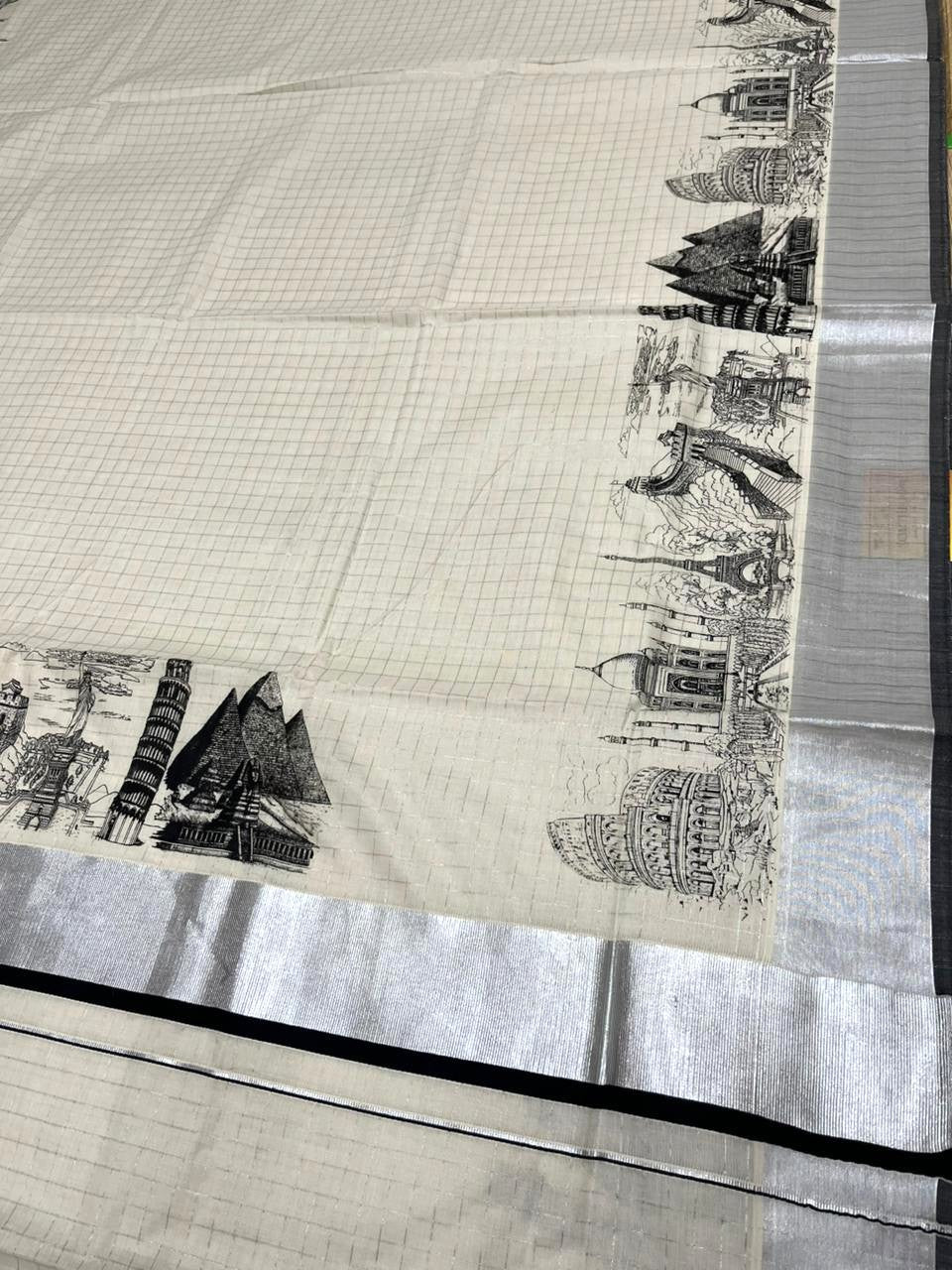Southloom Silver Check Saree with Black Border and Digital Prints SL461