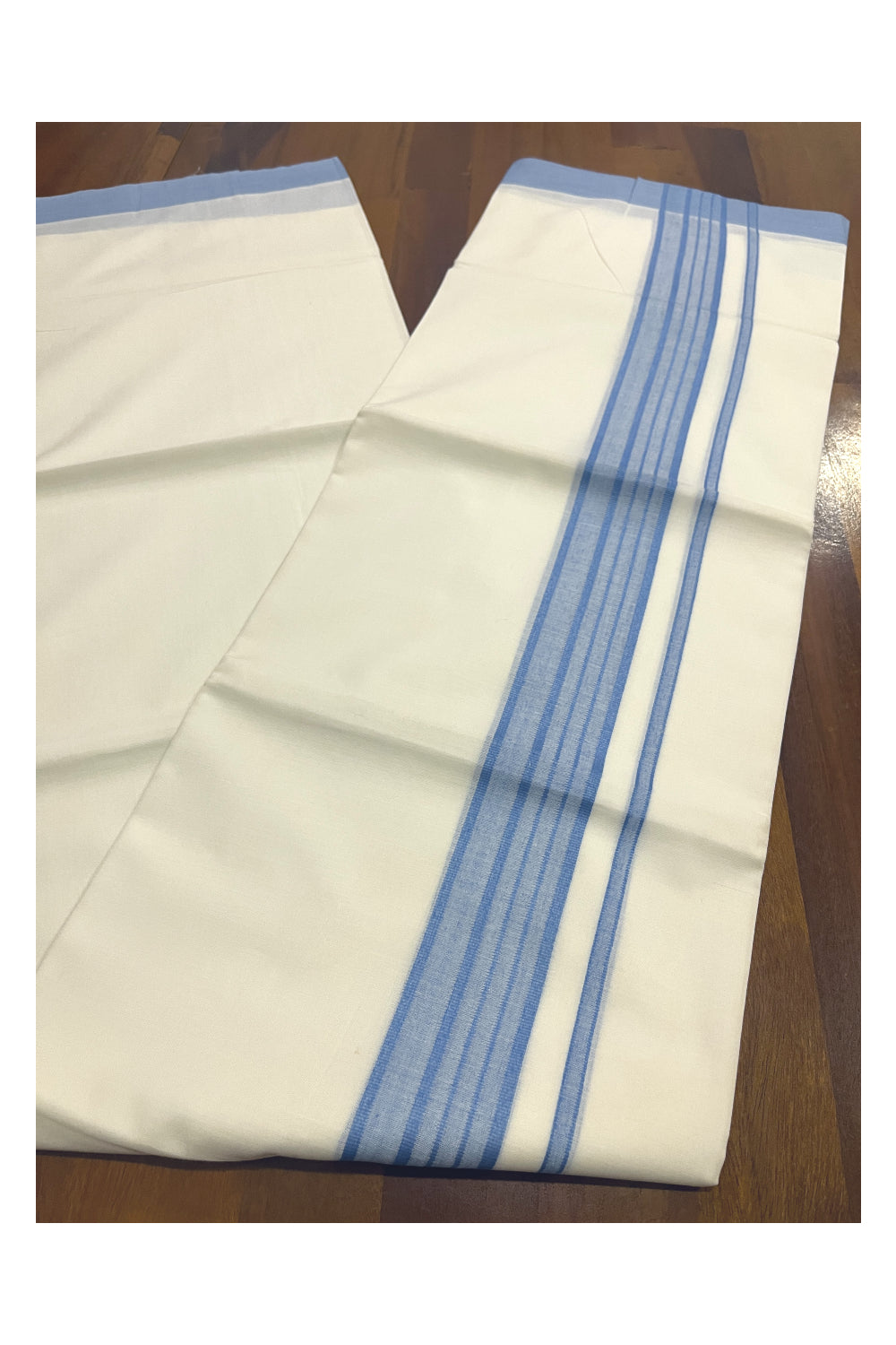 Pure White Cotton Double Mundu with Blue Border (South Indian Kerala Dhoti)