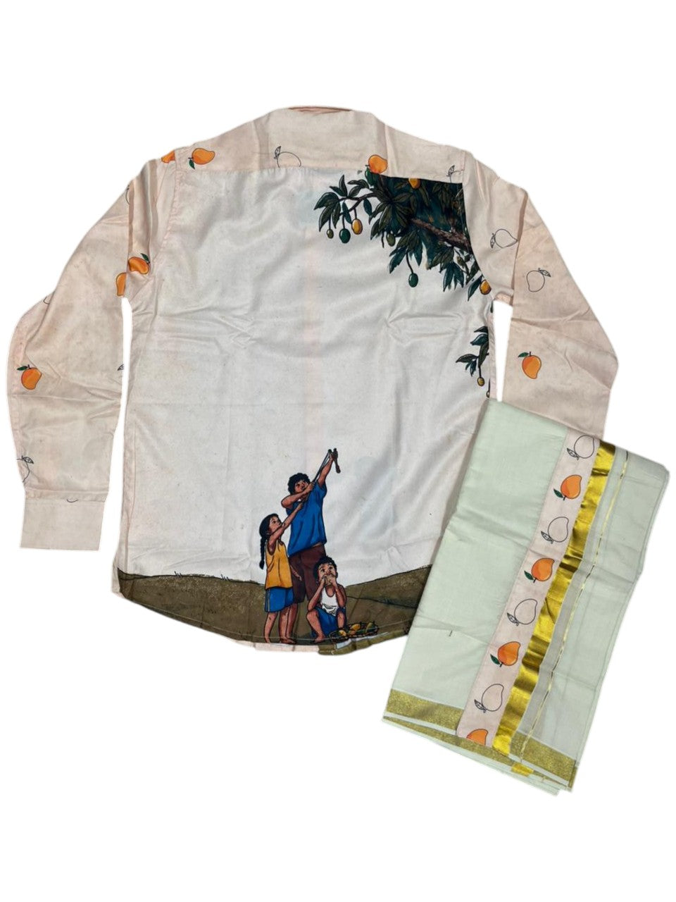 Southloom Premium Satin Mango Digital Print Design Men's Combo  (Shirt + Mundu) SL576
