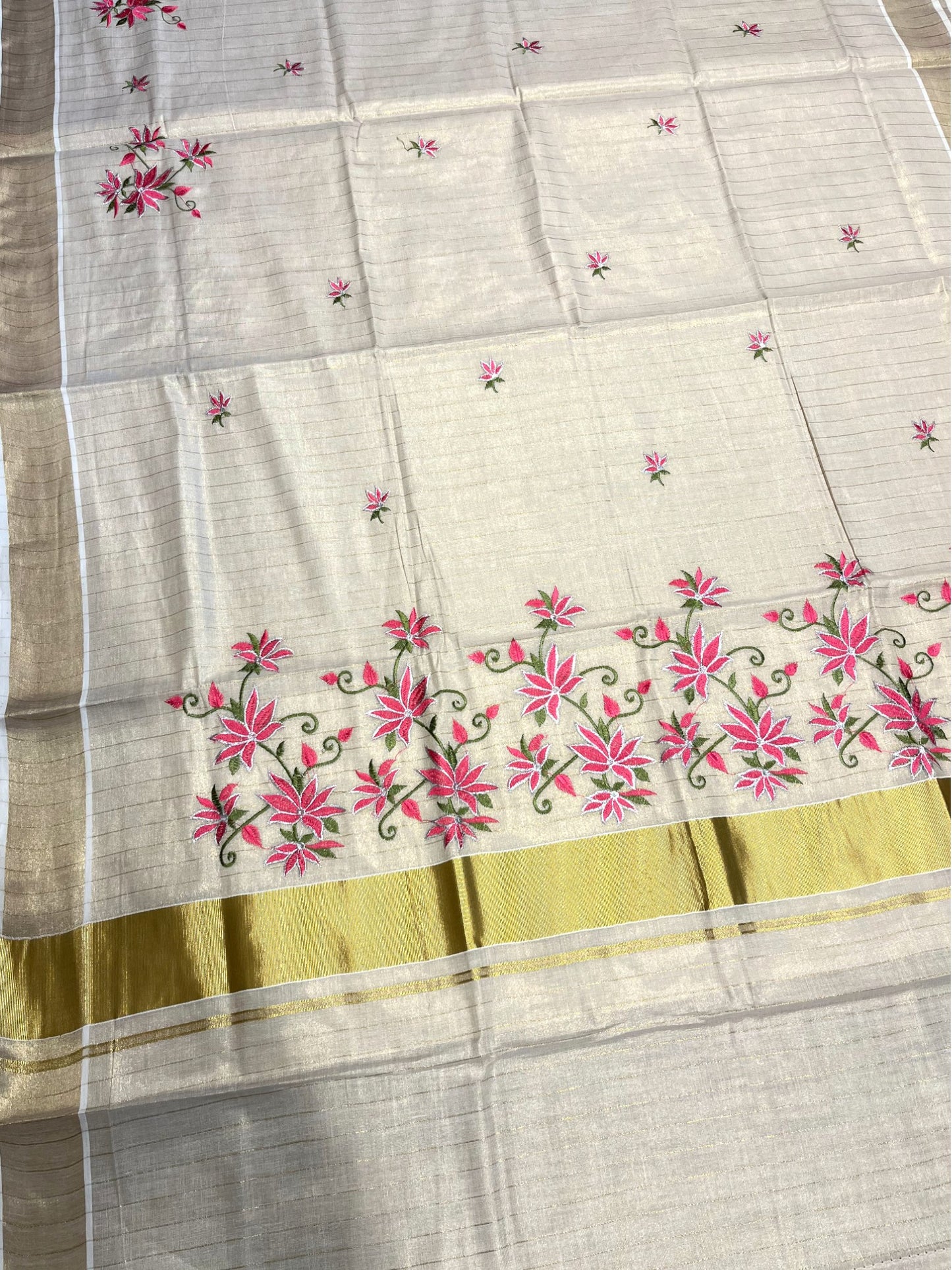 Southloom Tissue Kerala Kasavu Saree with Floral Embroidery