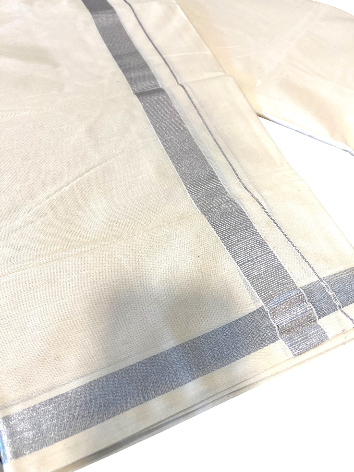Off White Pure Cotton Double Mundu With Silver Kasavu Kara 1 Inches (South Indian Kerala Dhoti)