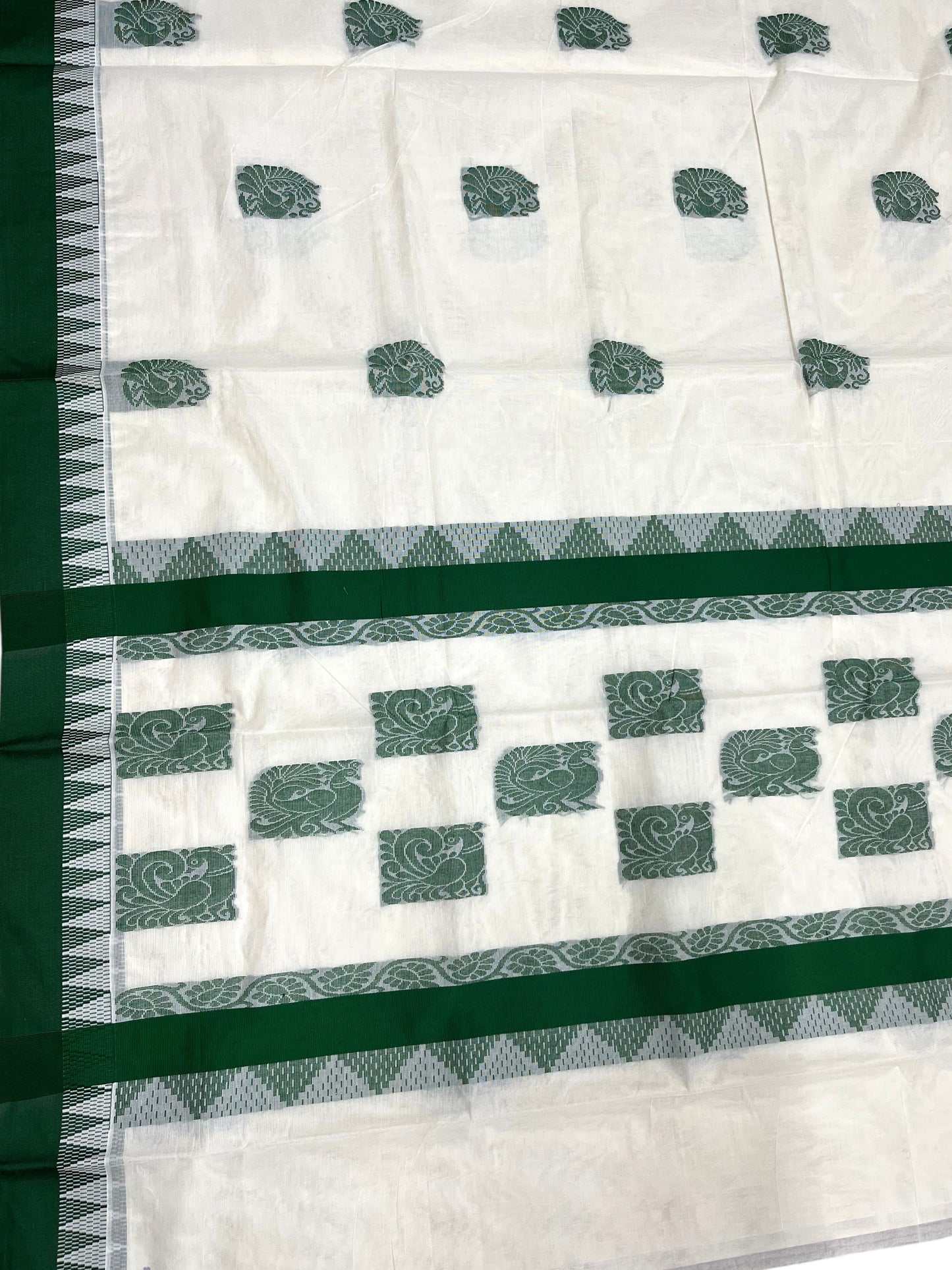 Southloom Pure Cotton Kerala Saree with Green Heavy Woven Designs and Temple Border