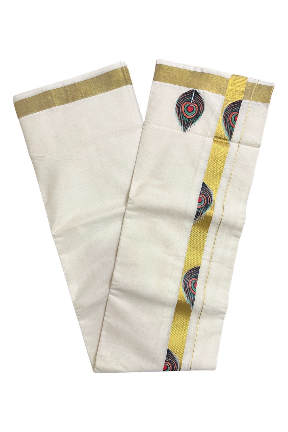 Kerala Pure Cotton Double Mundu with Feather Mural Painted Design on Kasavu Border (South Indian Kerala Dhoti)