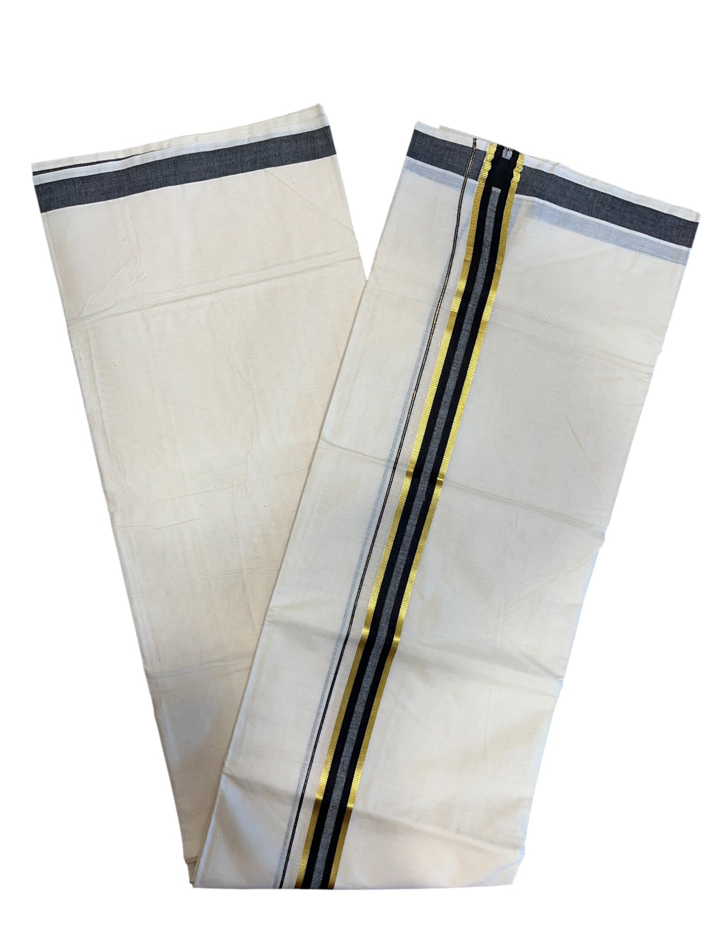 Southloom Pure Cotton Double Mundu With  Gold Kasavu& Black Colour Border (South Indian Kerala Dhoti)