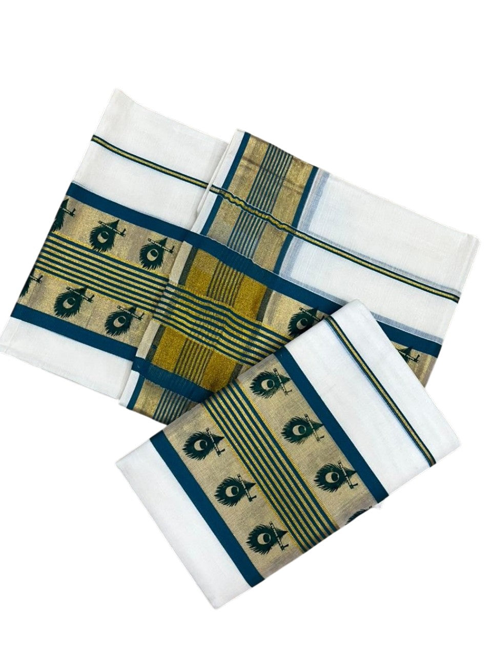 Southloom Cotton Single Set Mundu (Mundu Neriyathum) With Gold Kasvu And Peacock Design in Peacock Blue 2.80 Mtrs SL390