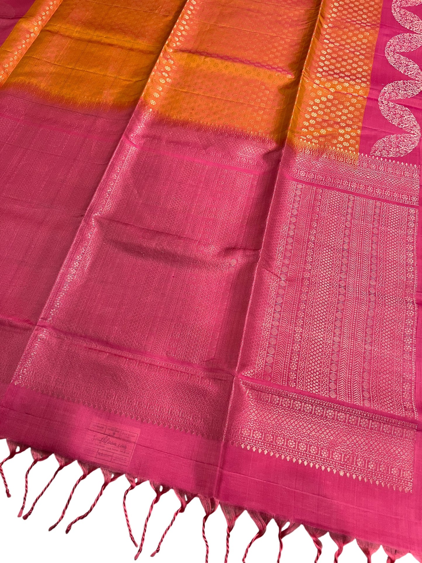 Southloom Pure Handloom Bridal Kanchipuram Silk Saree with Korvai Work (Orange & Pink)