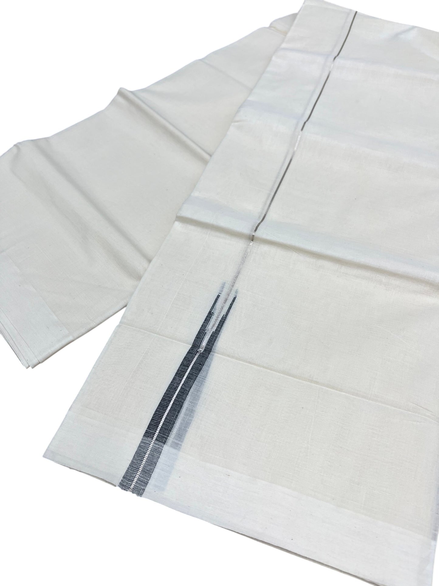 Kerala Pure Cotton Double Mundu with Silver And Black Chutti Kara (South Indian Kerala Dhoti)